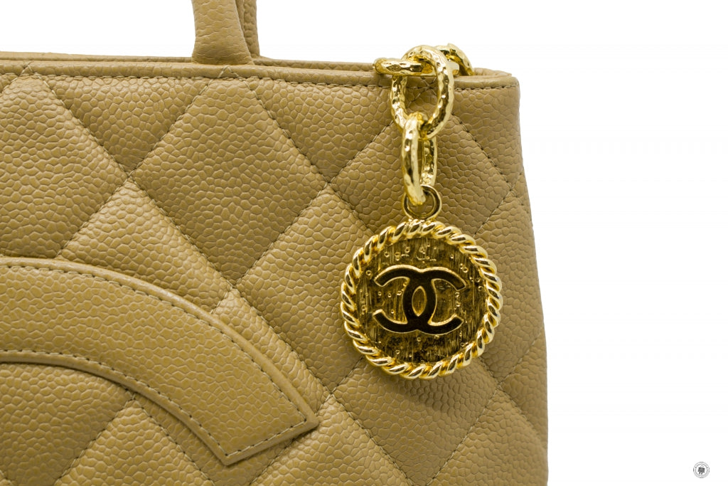 Chanel A Classic CC Medallion Beige Caviar Tote Bag Ghw