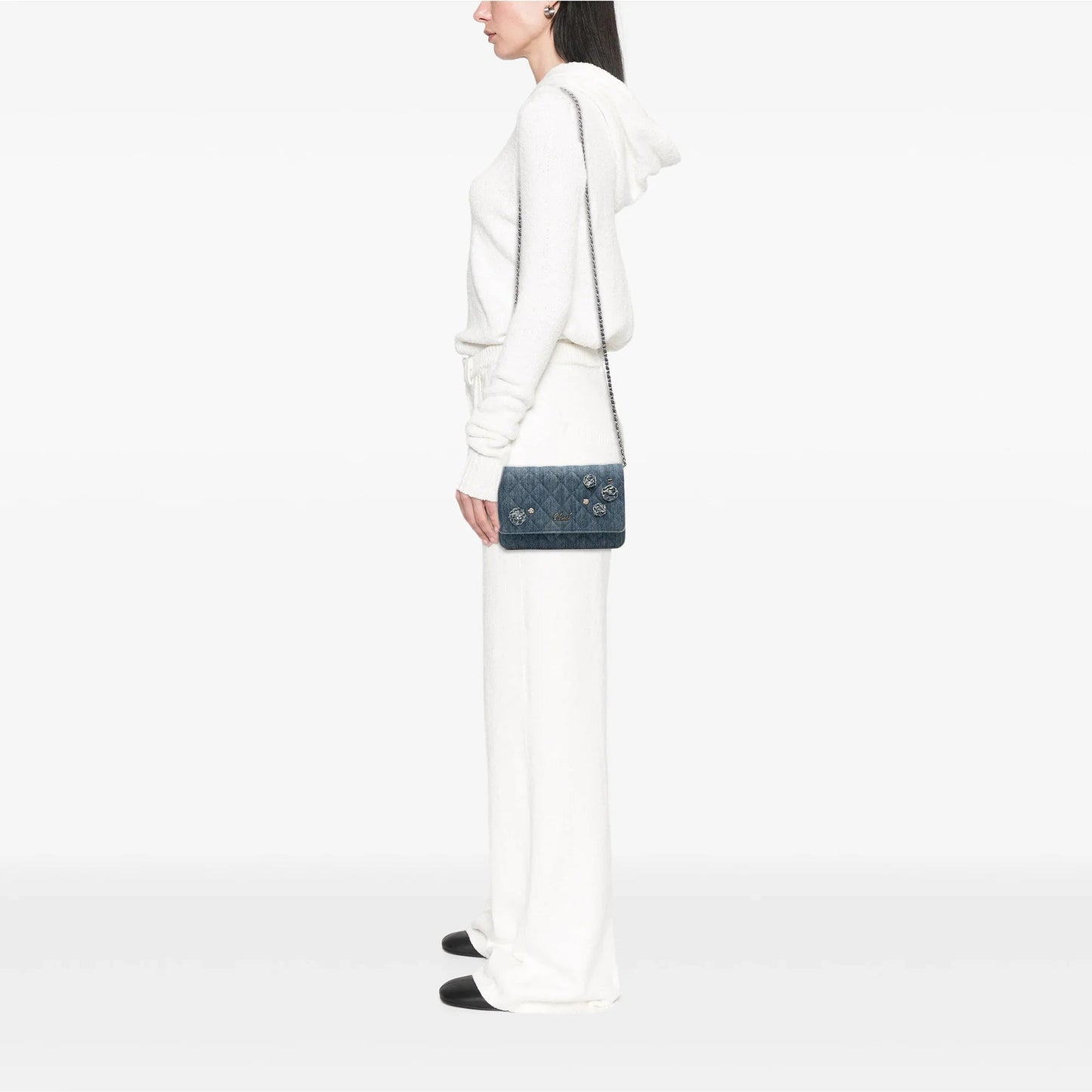 Blue Chanel Quilted Denim Camellia Wallet On Chain Denim Crossbody Bag