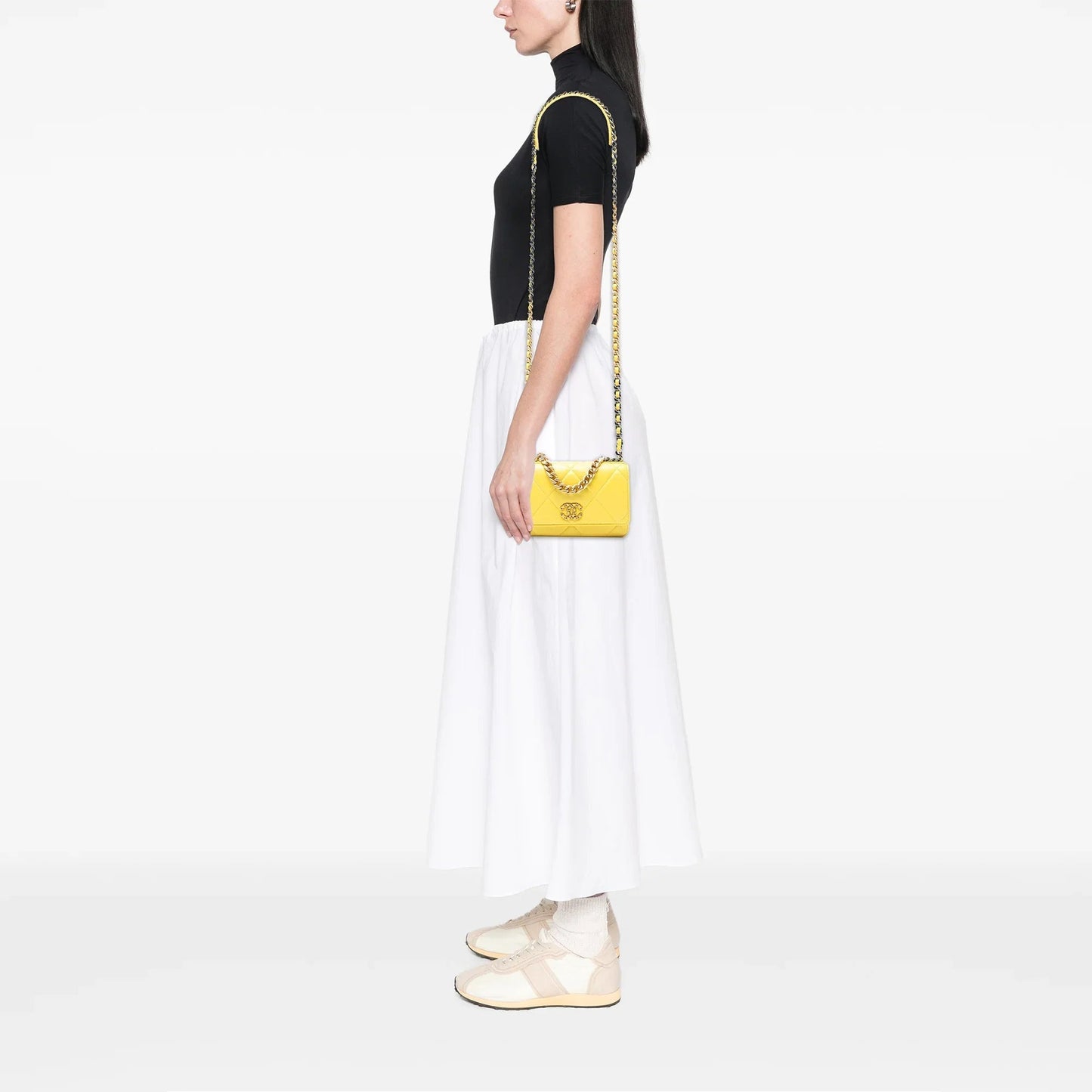 Yellow Chanel Quilted Lambskin 19 Wallet on Chain Satchel