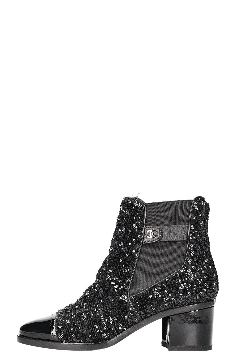CHANEL 2019 CC Sequin Chelsea Boots Black