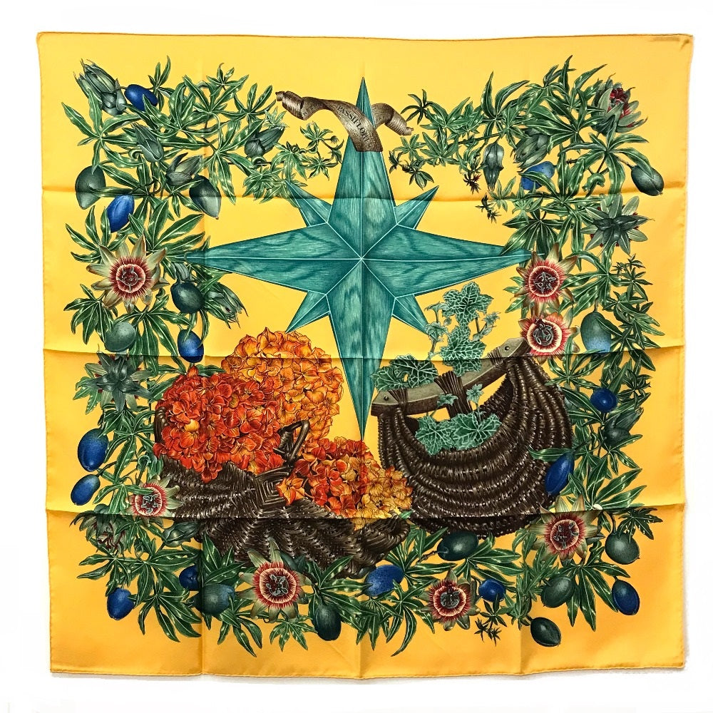 HERMES scarf silk Yellow x green Carre90 Passiflores Passion Flower Women d
