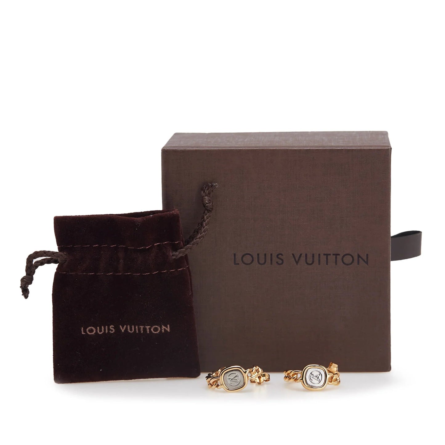 Gold Louis Vuitton Gold Plated LV ID Chain Hoop Push Back Earrings
