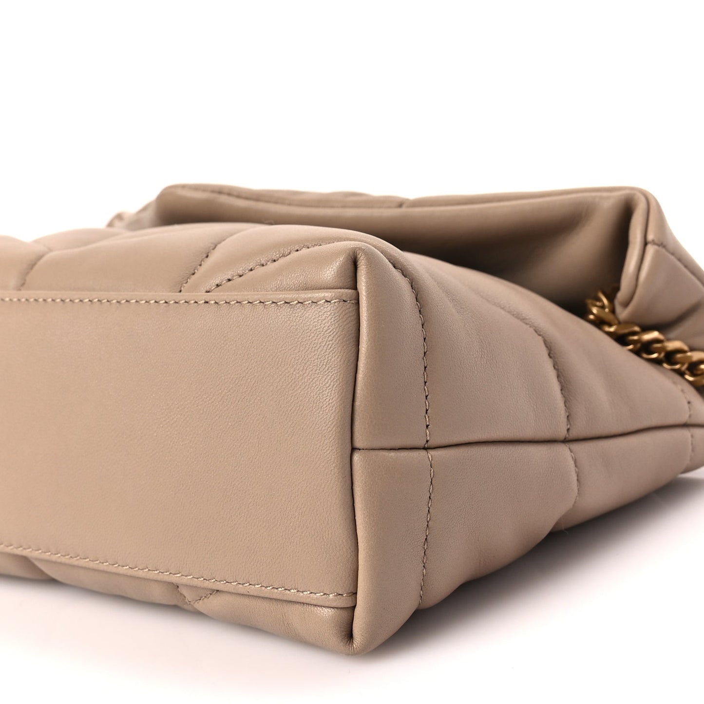 Saint Laurent Lambskin Quilted Toy Loulou Puffer Monogram Chain Satchel Dark Beige
