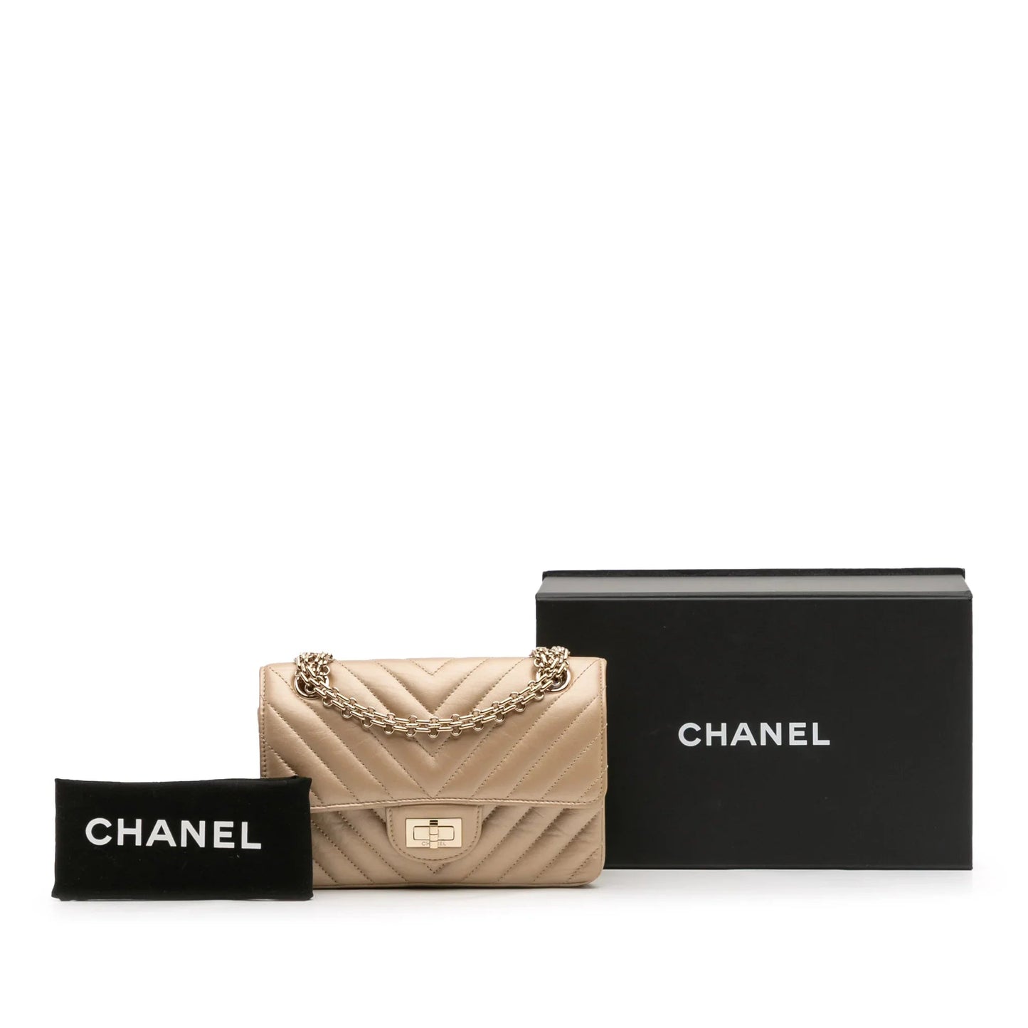 Gold Chanel Reissue 2.55 Chevron Quilted Metallic Calfskin Single Flap 224 Crossbody Bag