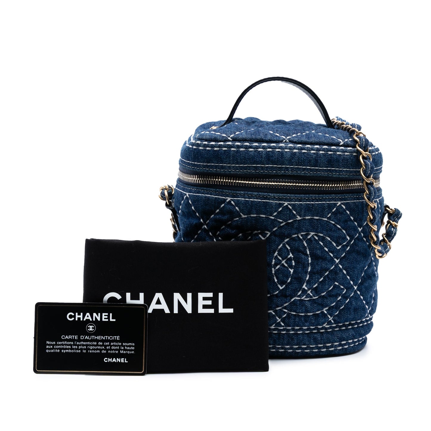 Blue Chanel CC Quilted Denim Trip Vanity Case with Chain Satchel