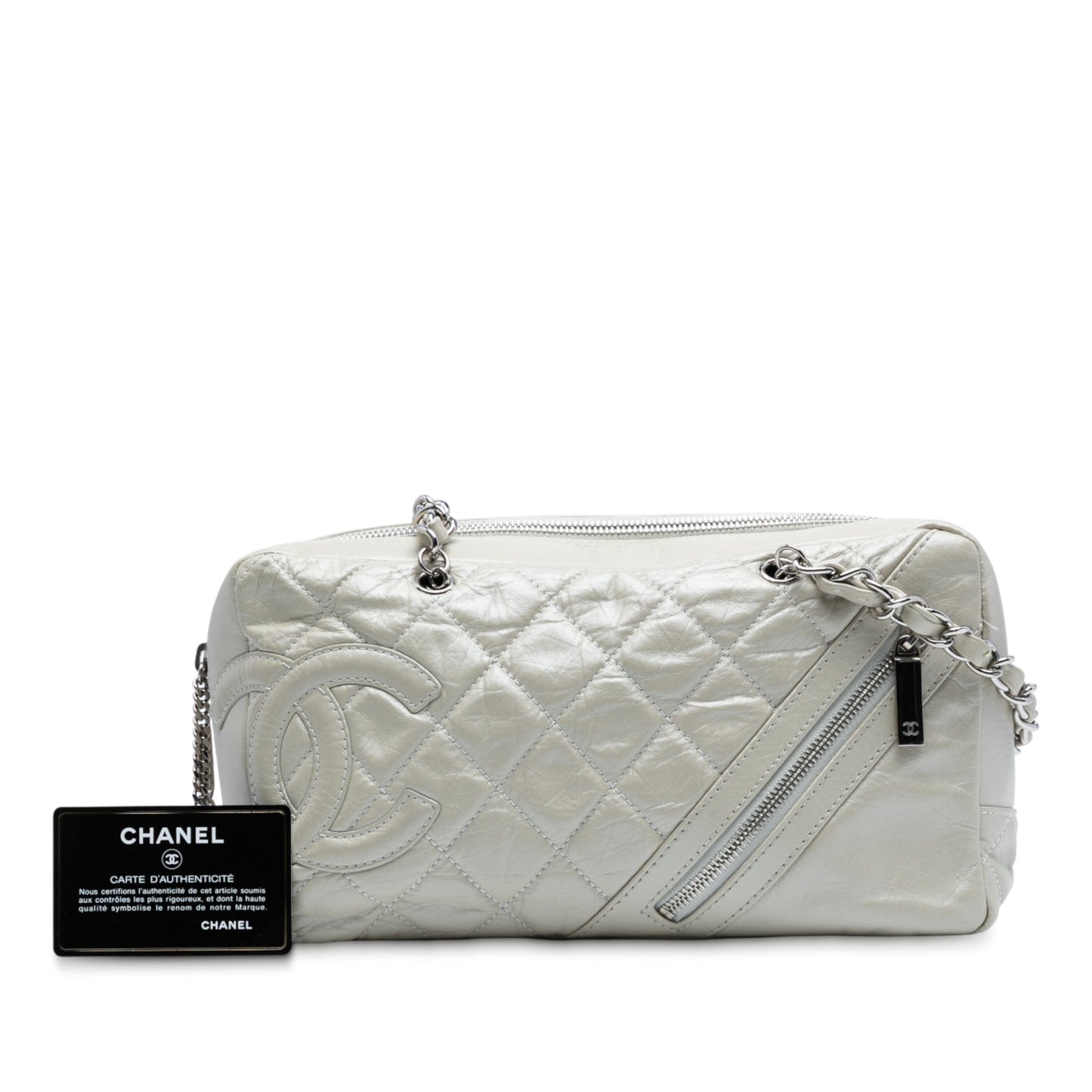 White Chanel Quilted Aged Calfskin Cotton Club Bowler Bag