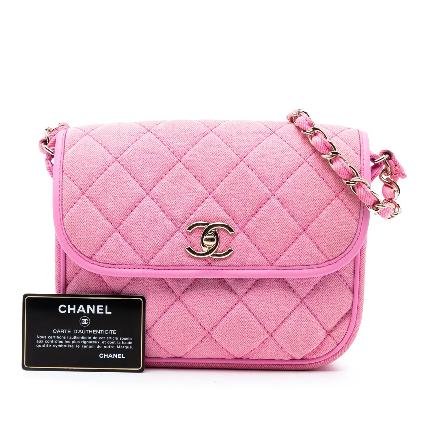 Pink Chanel Small CC Quilted Denim Messenger Flap Crossbody Bag
