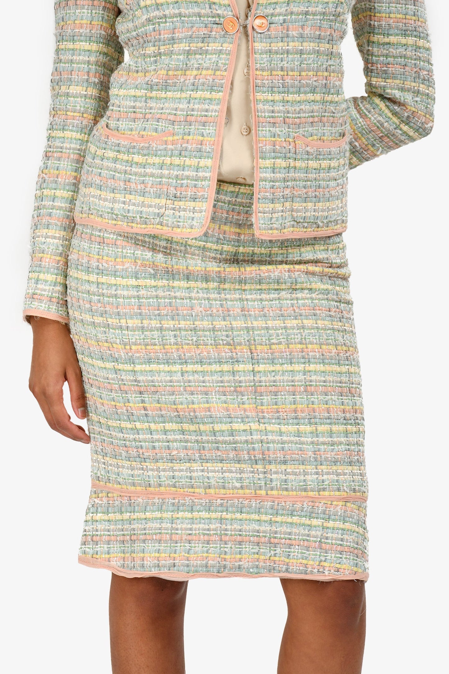 Pre-Loved Chanel™ 05P Pink/Green Tweed Jacket with Midi Skirt Set Size 36