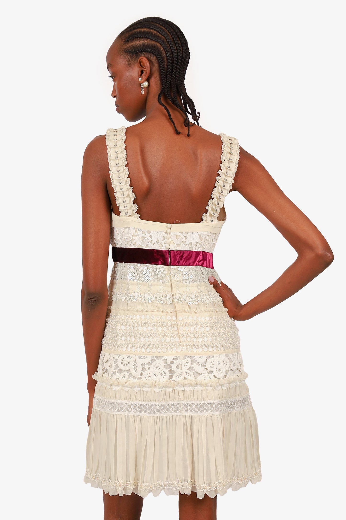 Louis Vuitton Ivory/Purple Silk Velvet Belted Lace Dress Size 38