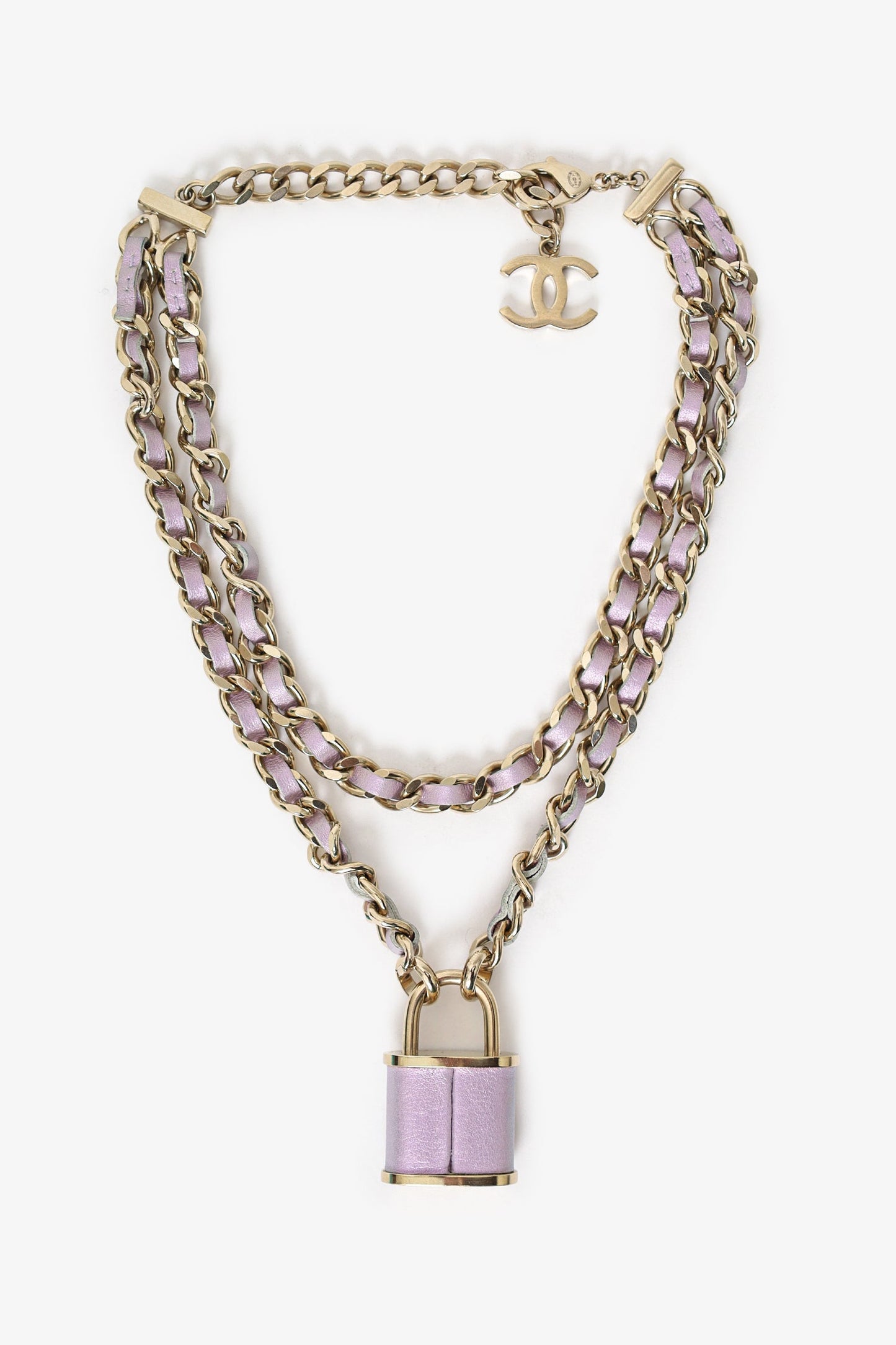 Pre-Loved Chanel™ 2018 Gold Toned Chain/Metallic Purple Leather CC Lock Pendant Choker Necklace