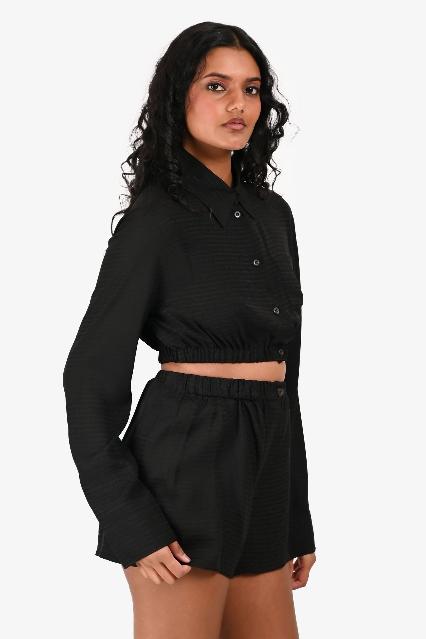 Prada 2022 Black Jacquard Logo Silk Cropped Button-Up Top (Size 40) + Shorts (Size 36) Set