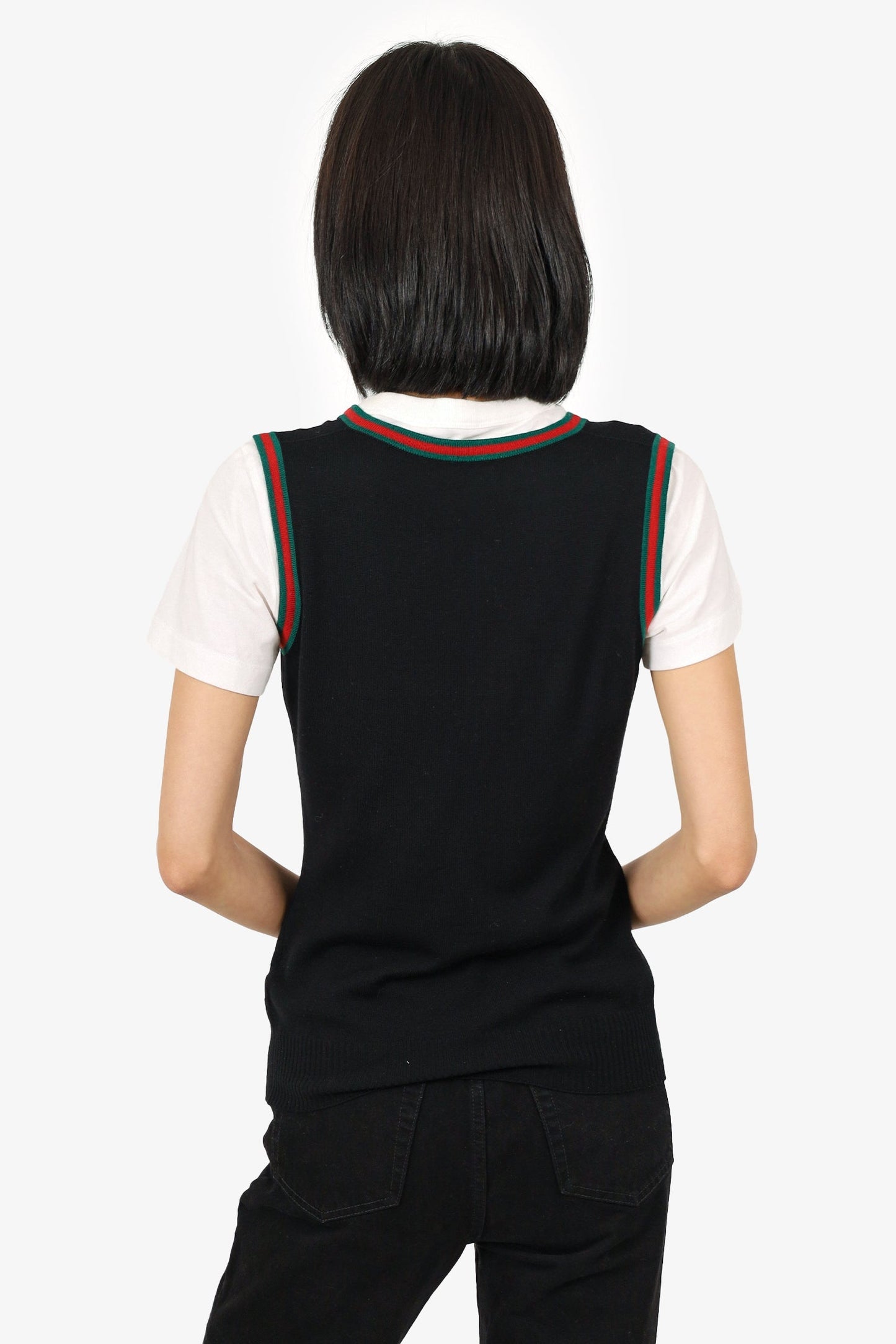 Gucci Black/Web Wool V-Neck Gucci Badge Vest Size Small