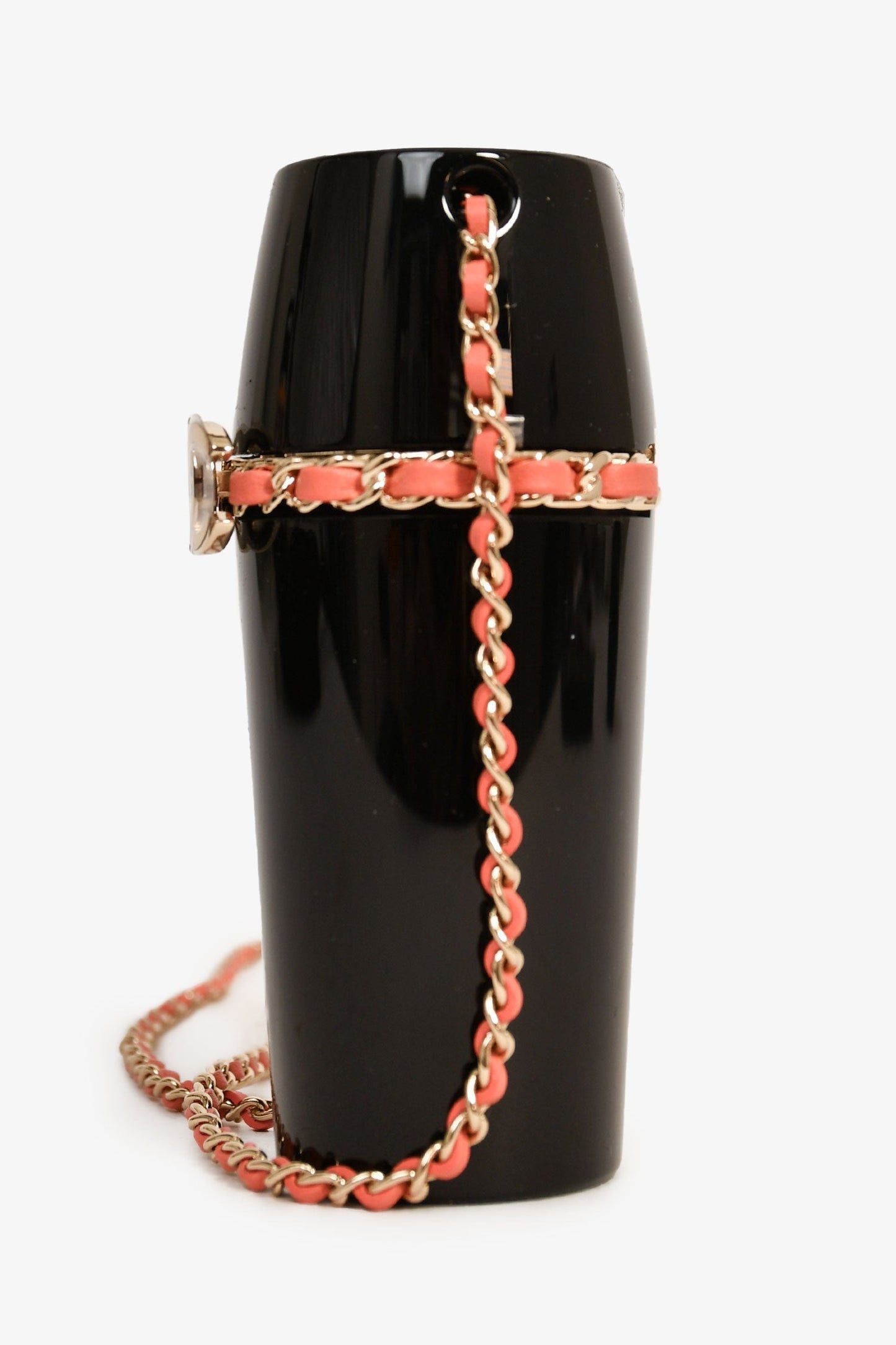 Pre-Loved Chanel™ Black Lucite Leather Pink Chain Trim Lipstick Case Necklace