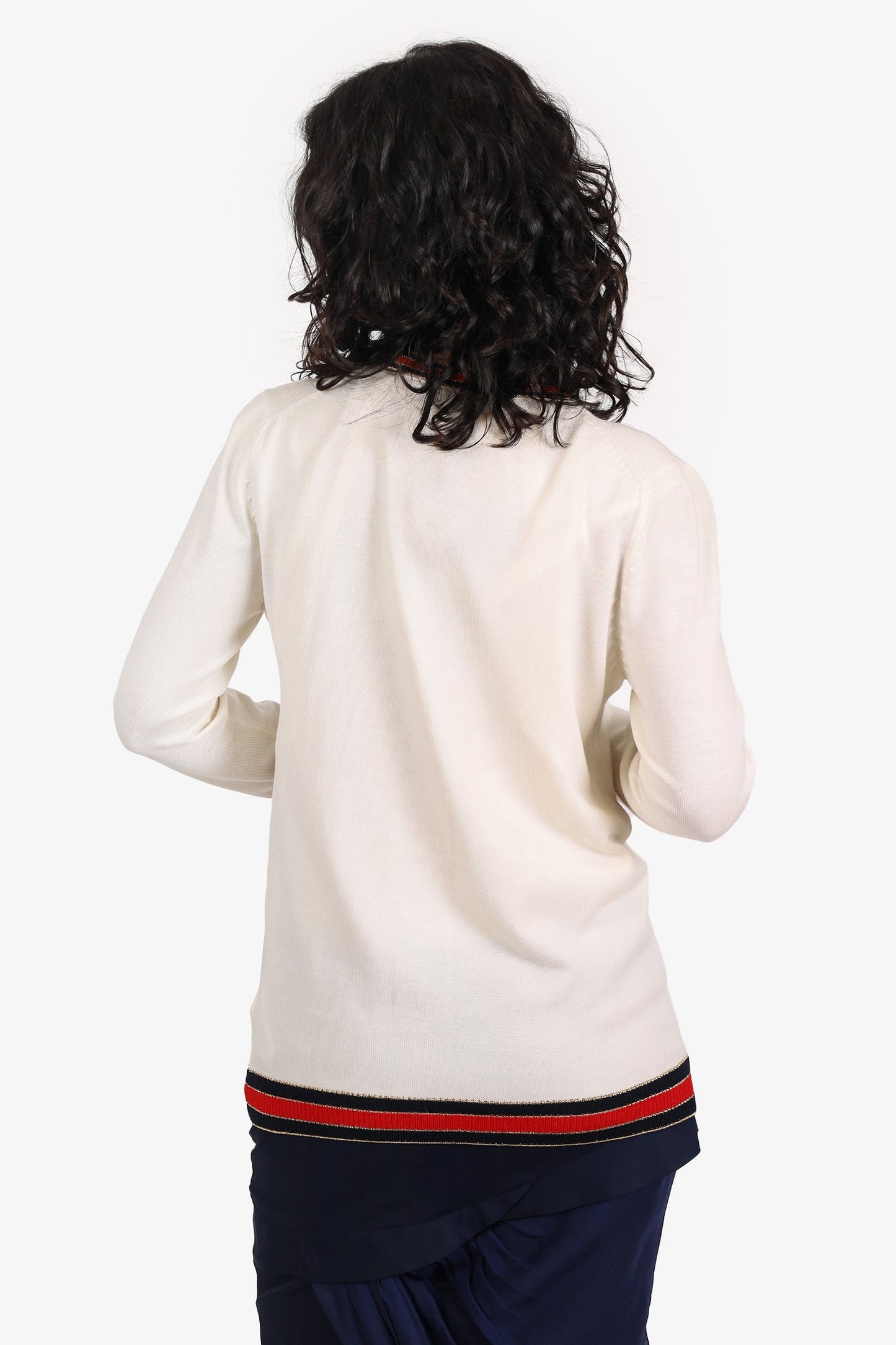 Gucci Cream/Red/Gold Trim Wool Pearl Button Cardigan Size M