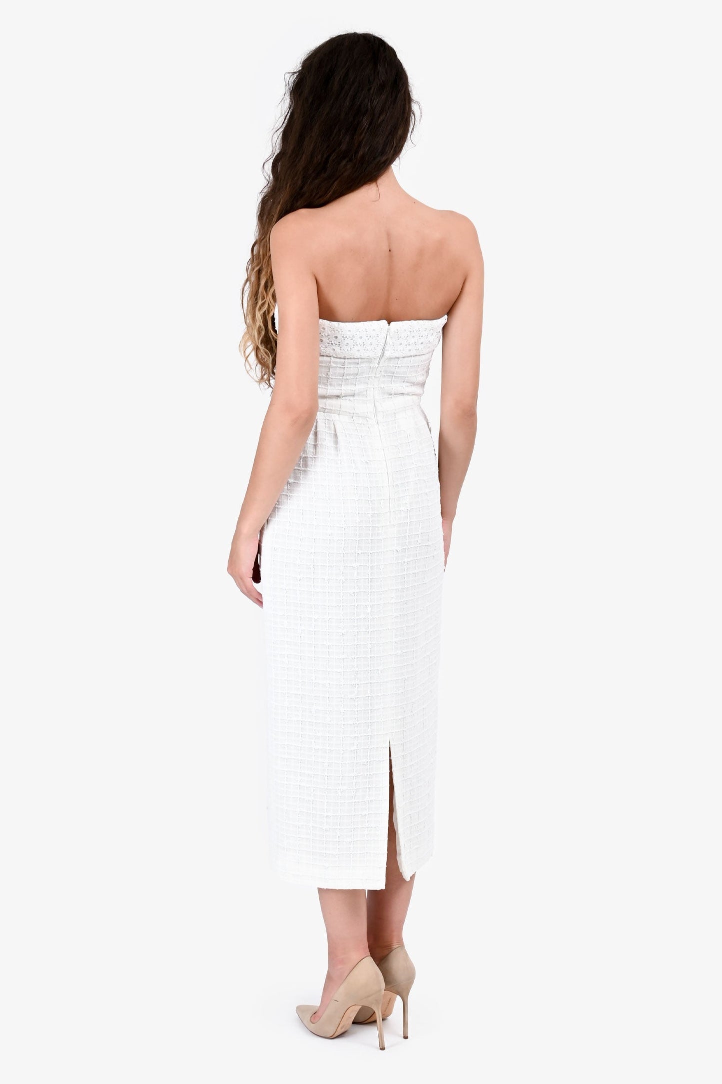 Pre-Loved Chanel™ Cruise 2021 White Tweed Strapless Midi Dress Size 36