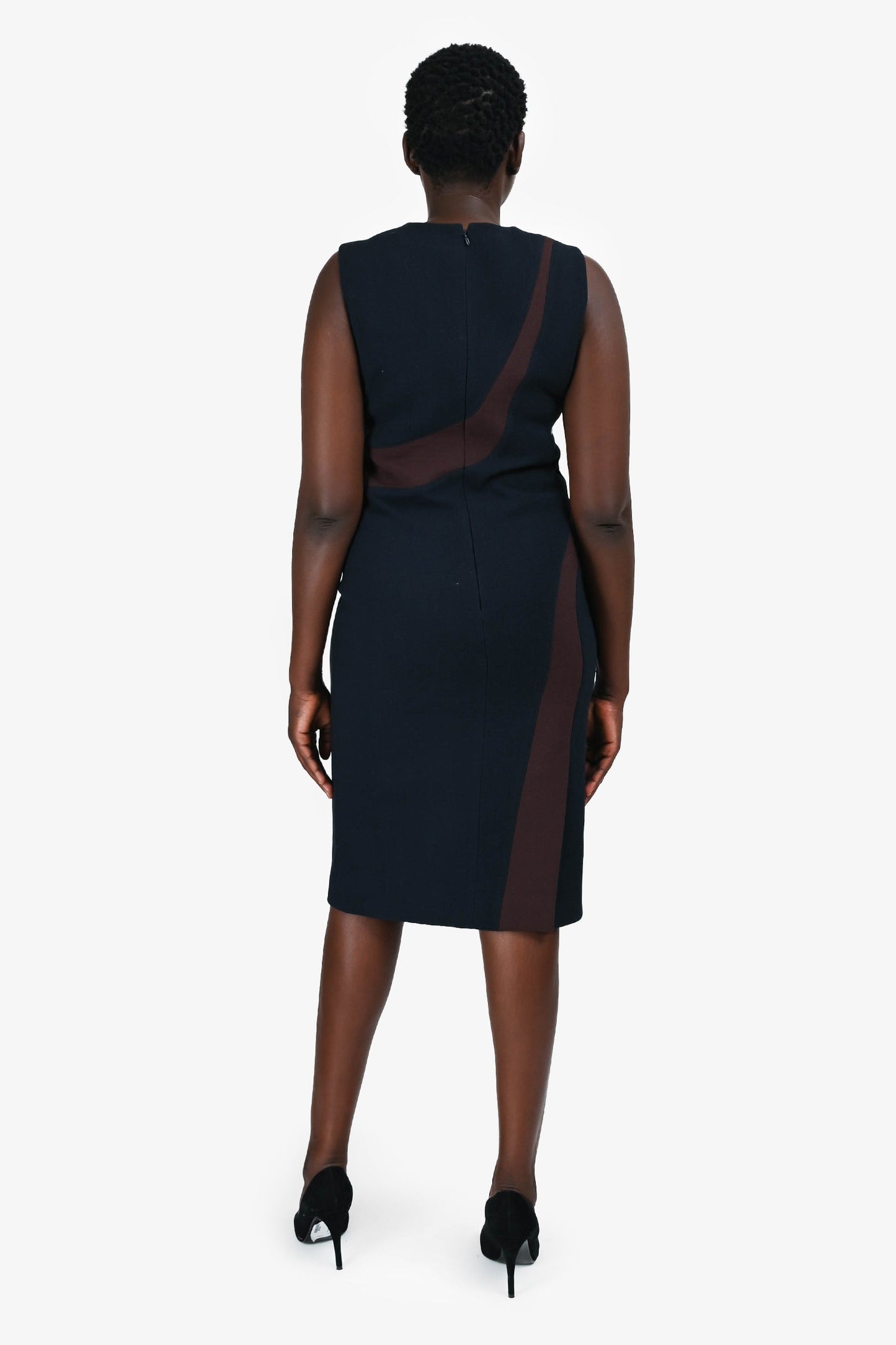 Christian Dior Navy Wool White/Brown Stripe Sleeveless Midi Dress Size 8