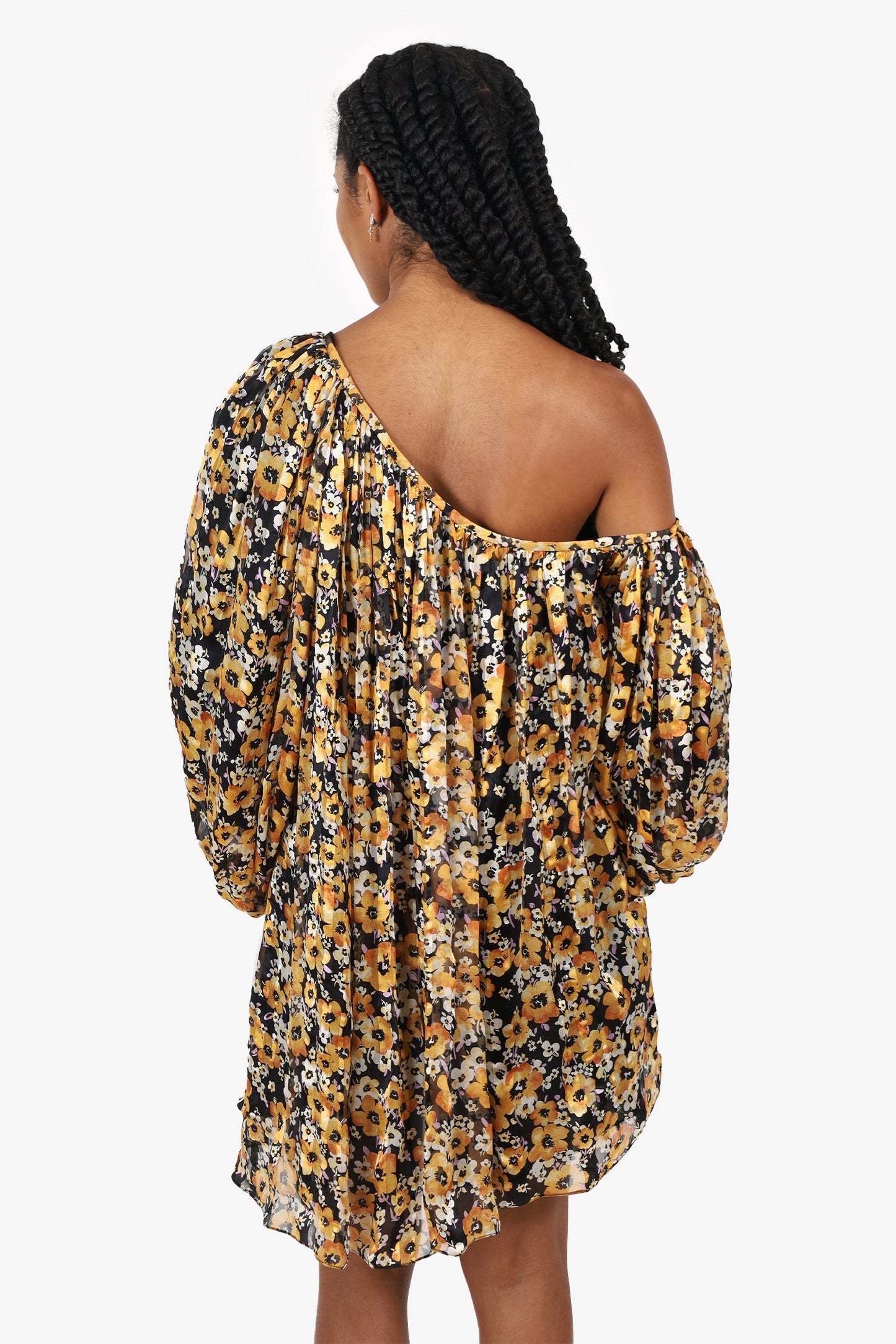 Saint Laurent Black/Yellow Silk Floral Print Puff Sleeve Mini Dress Size 40