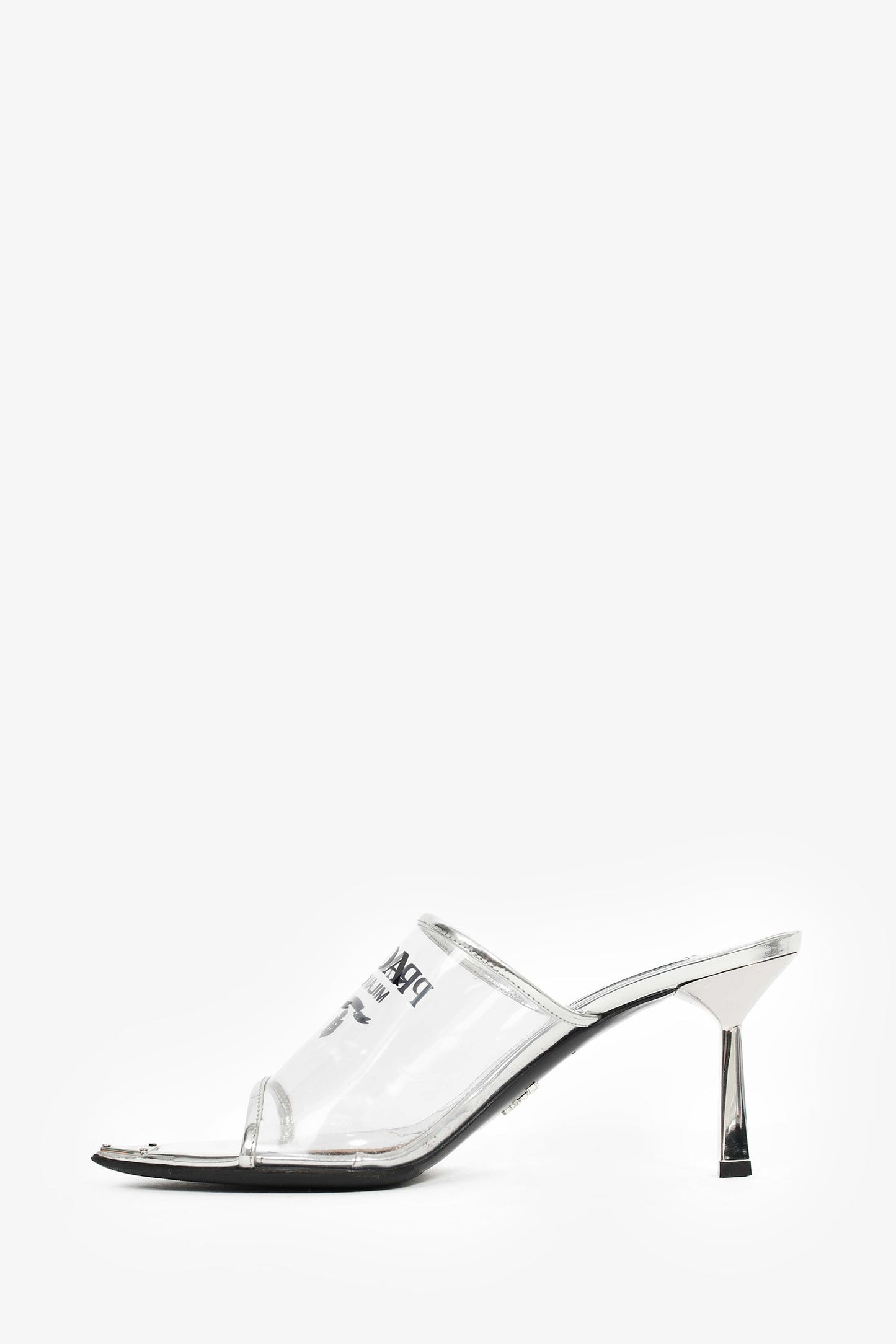 Prada Silver Vinyl Logo Mules Size 39