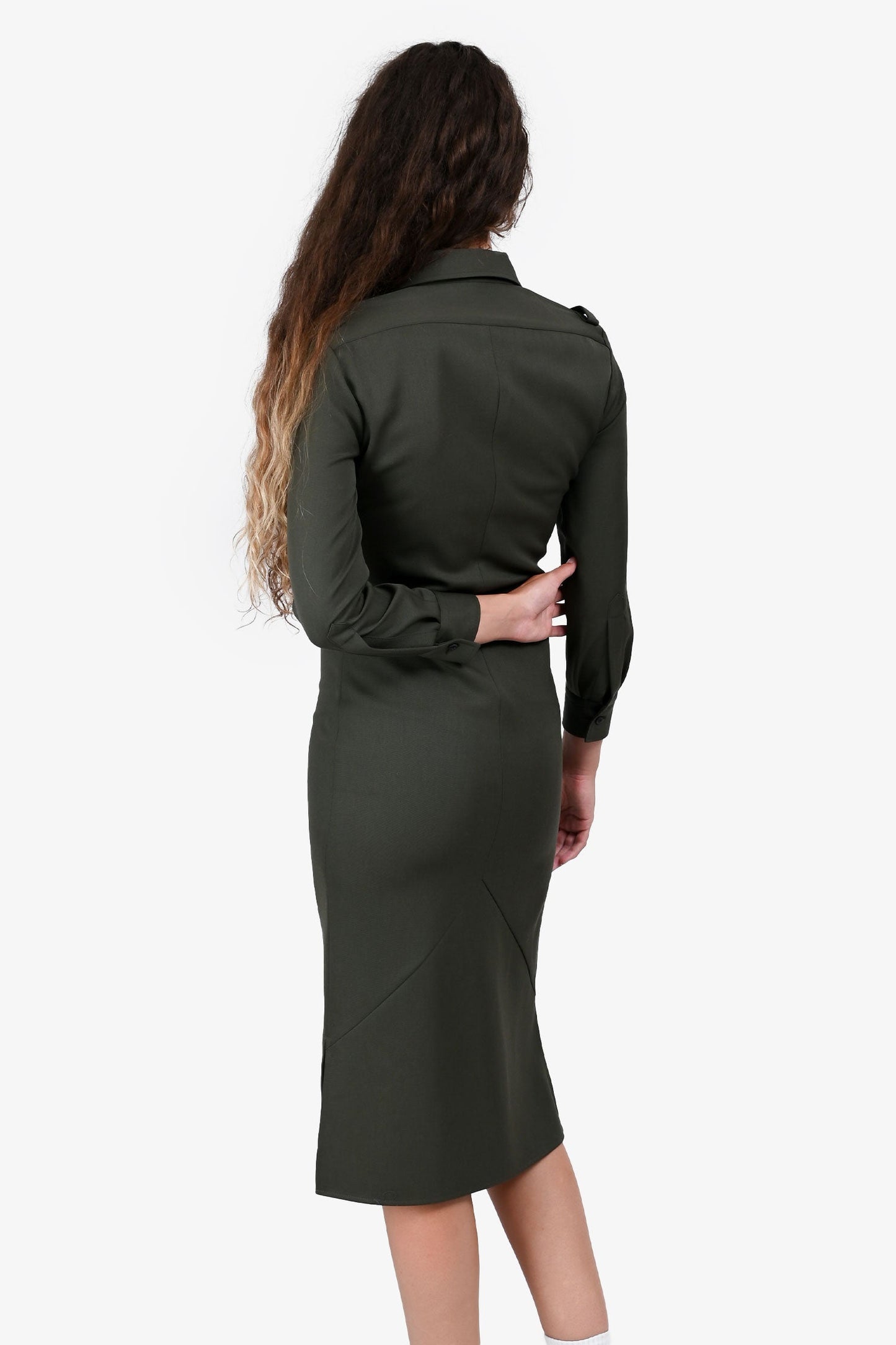 Prada 2023 Military Green Wool Long Sleeves Midi Shirt Dress Size 36