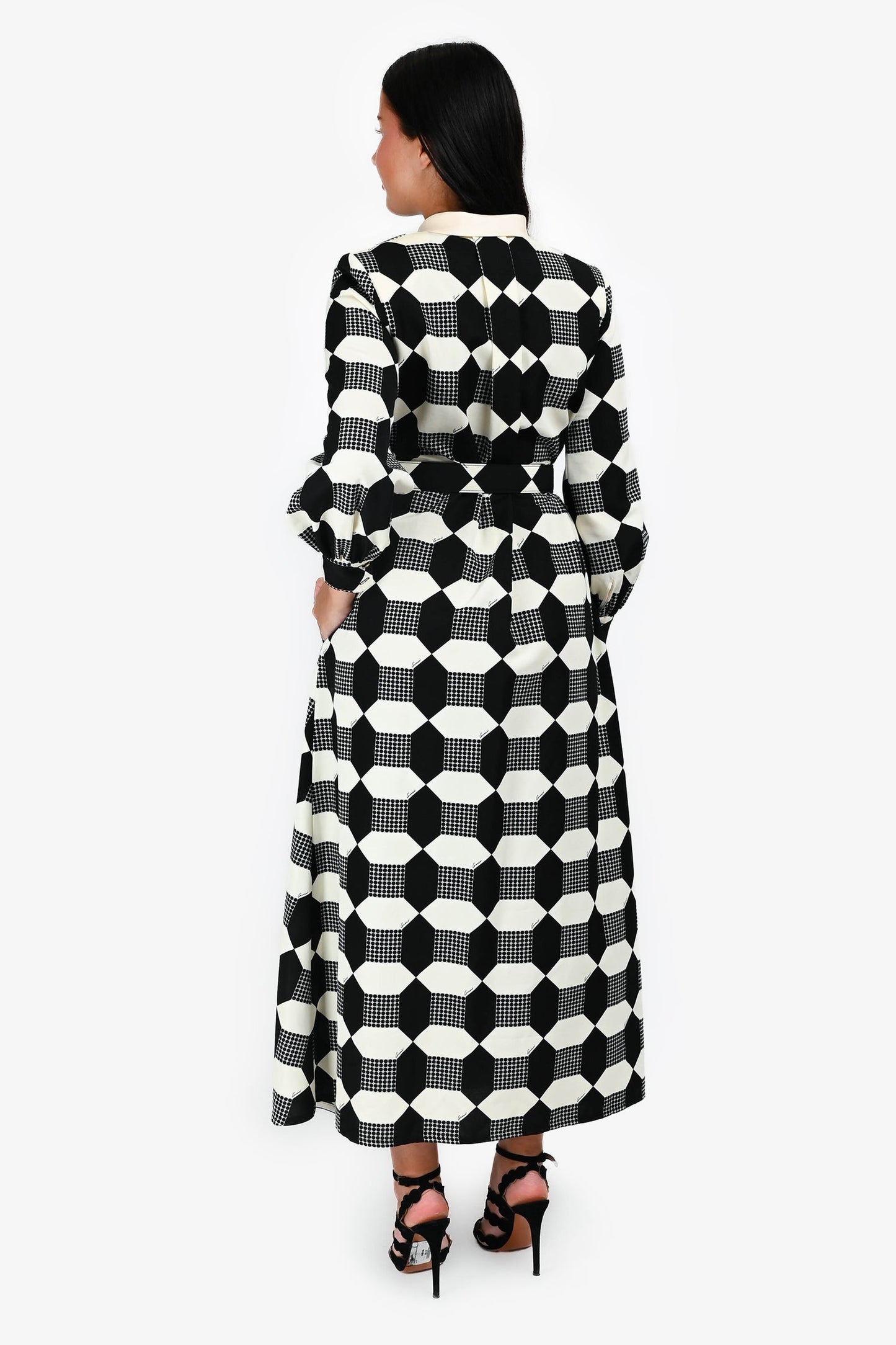 Gucci Black/White Cotton Patterned GG Button Midi Dress with Belt Size 38
