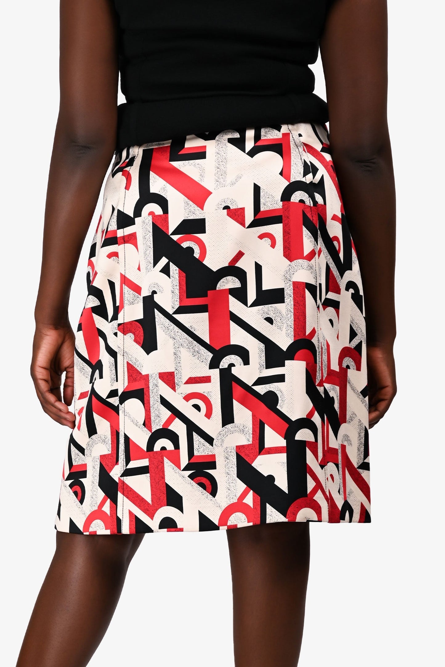 Prada 2017 Cream/Red Silk Graphic Printed Midi Skirt Size 46