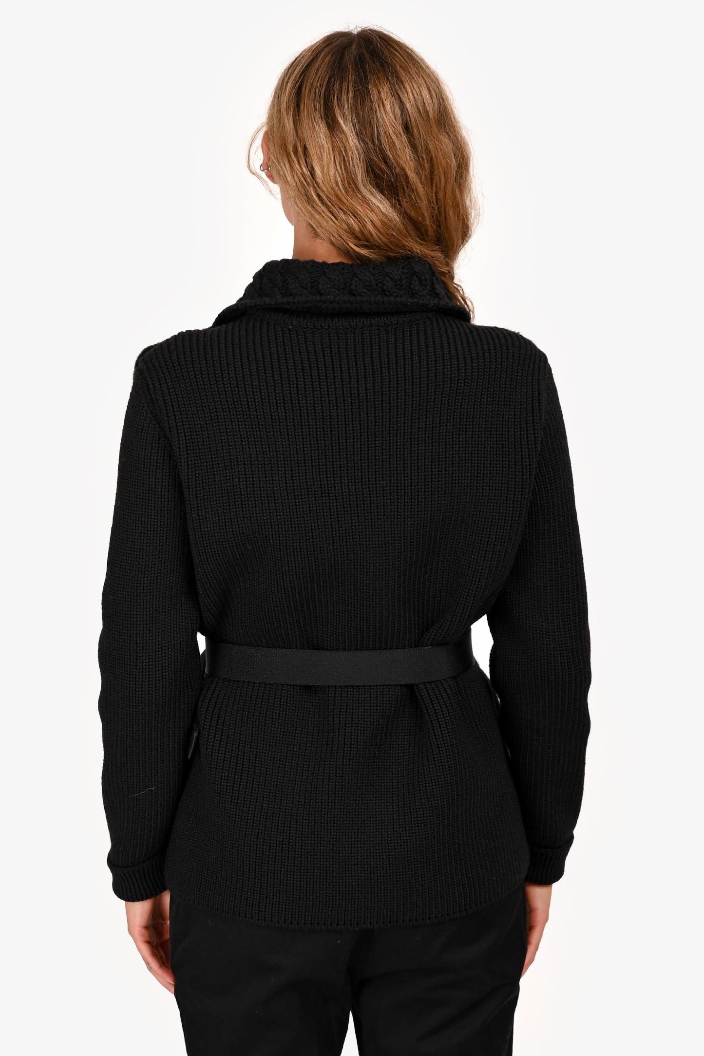 Prada Black Cable Knit Wool Fur Cinched Logo Belt Zip-Up Jacket Size 42