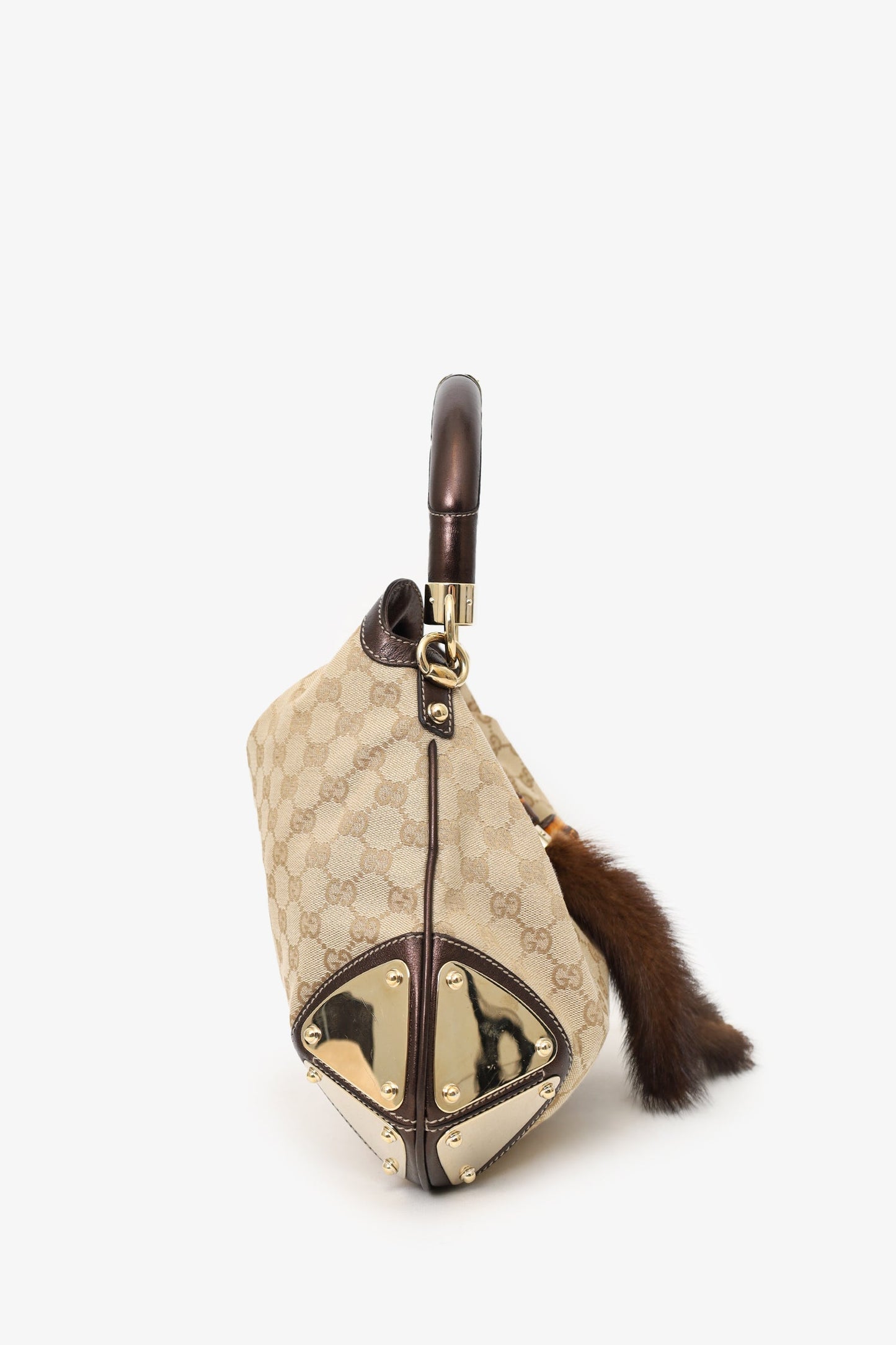 Gucci Beige/Metallic Brown GG Canvas/Leather Small Mink Indy Hobo With Strap