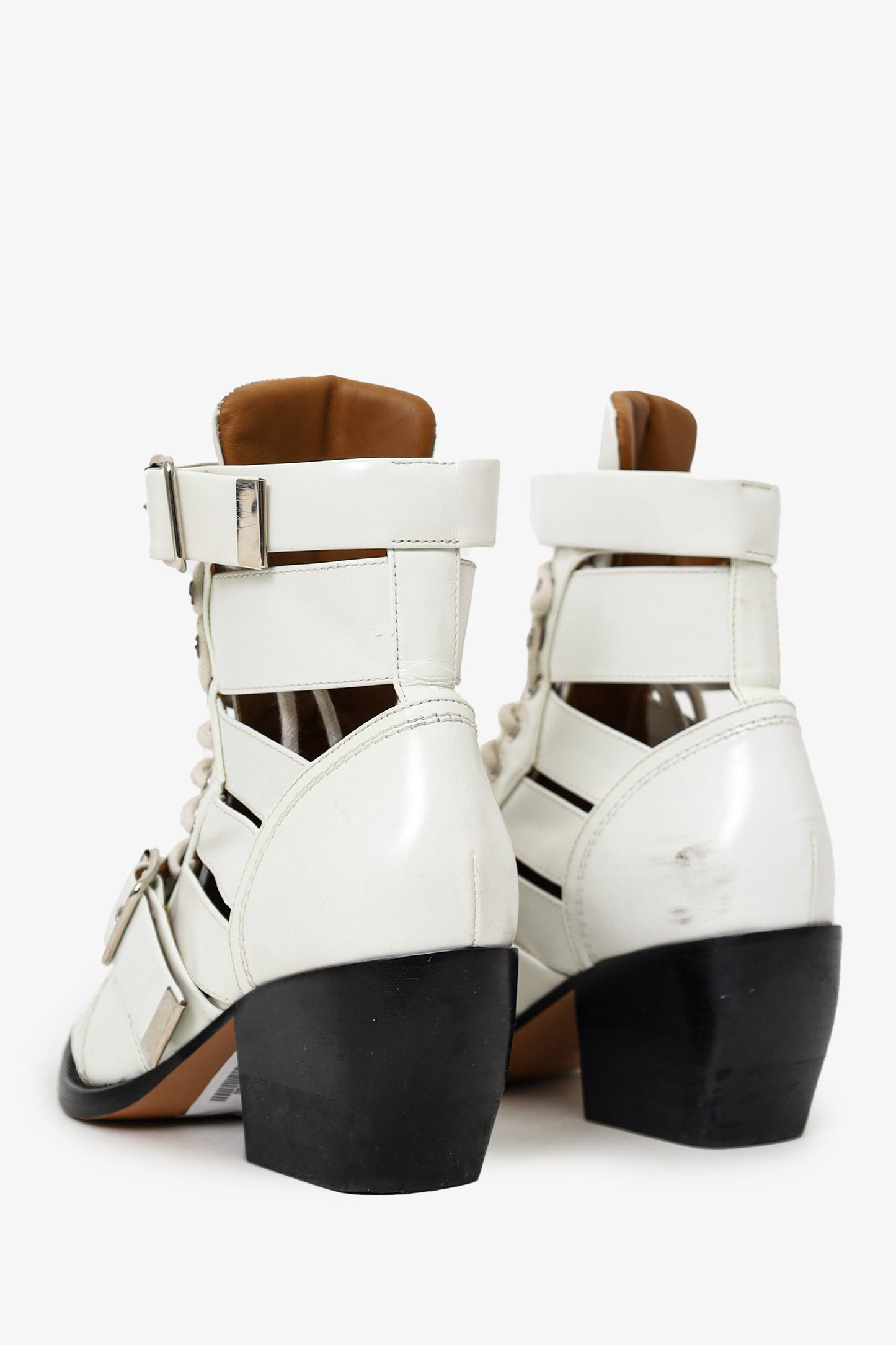 Chloe White Patent Leather Pointed Cut-Out Buckle Detail Block Heel Boots Size 36