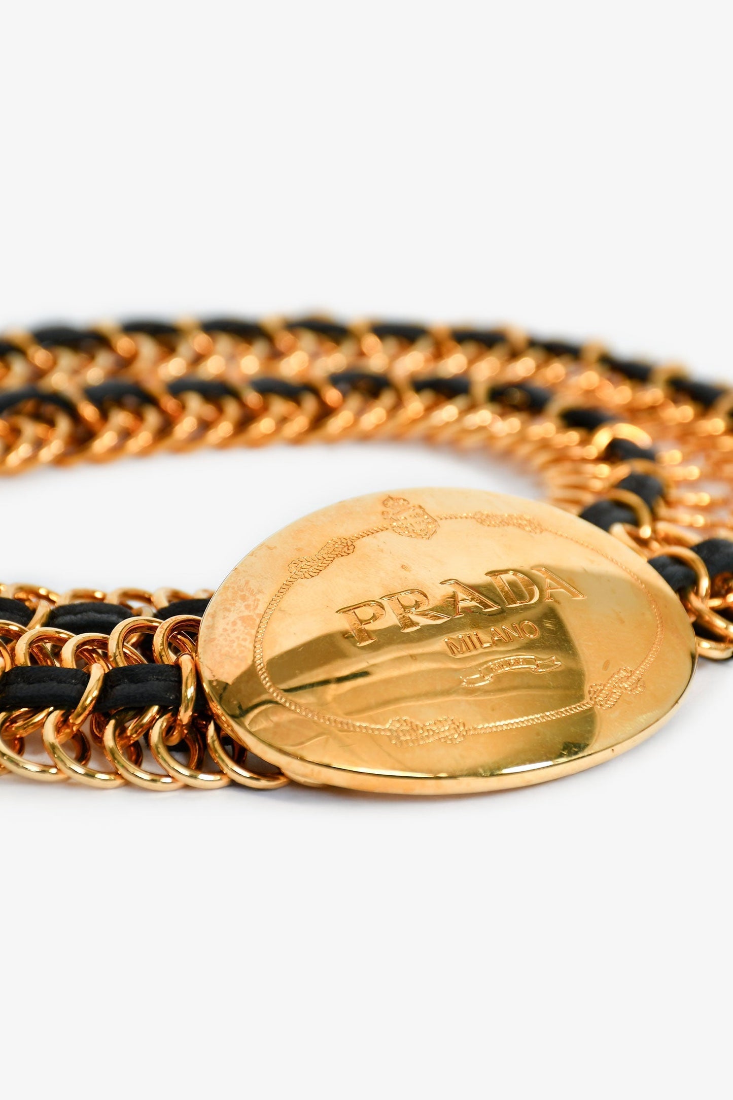 Prada Gold Tone Leather Chain Plaque Belt Size 80
