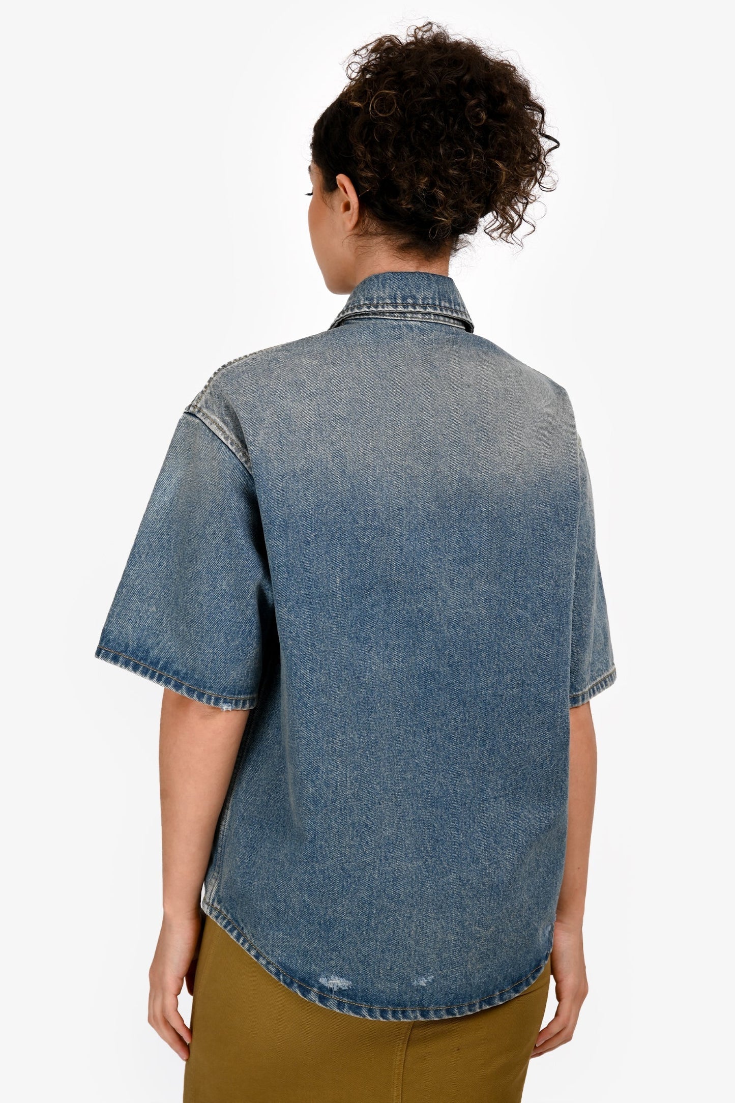 Prada 2023 Blue Denim Logo Plaque Button Down Shirt Size 38