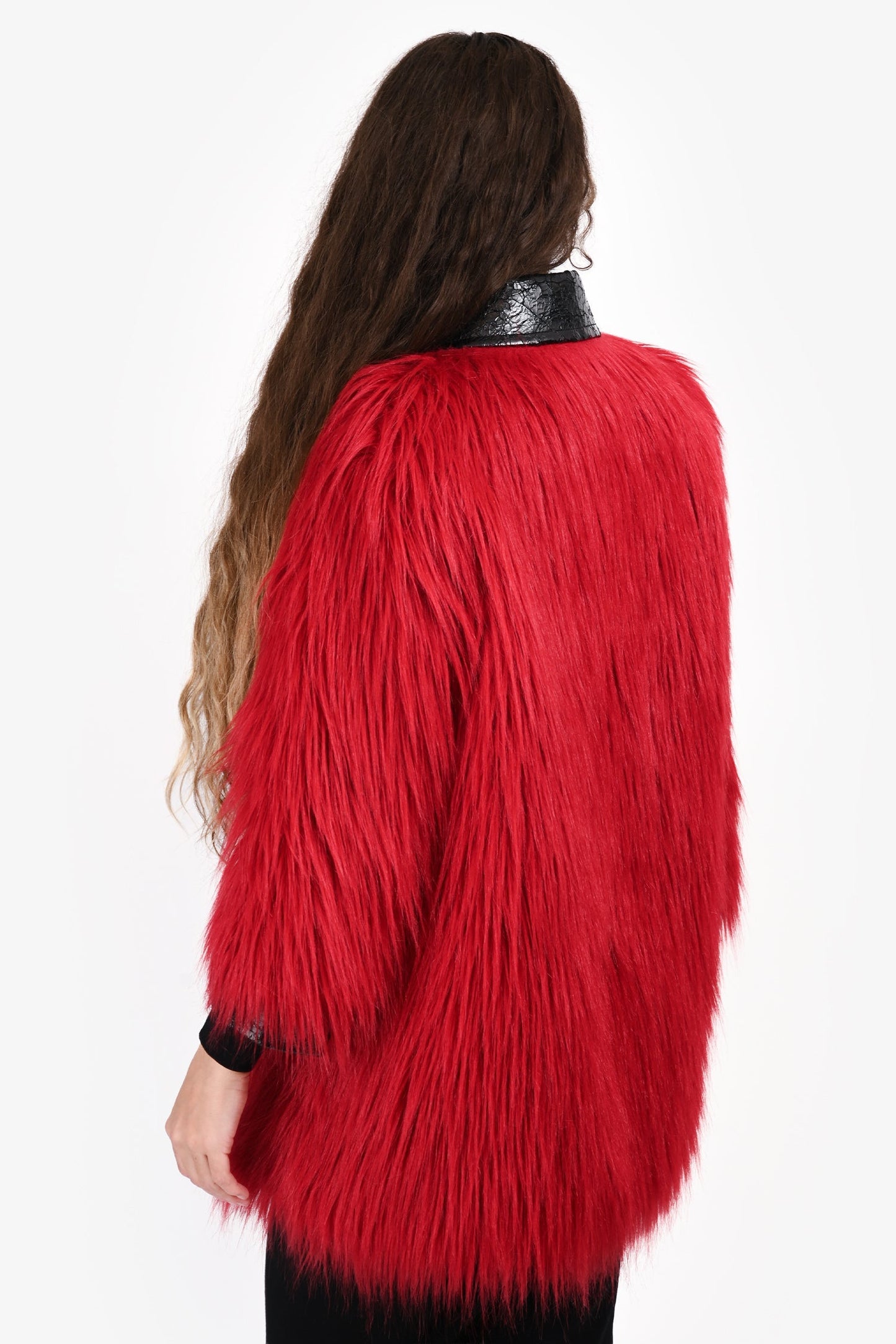 Gucci 2016 Black/Red Coated Leather/Faux Hair Horsebit Detail Jacket Size 40