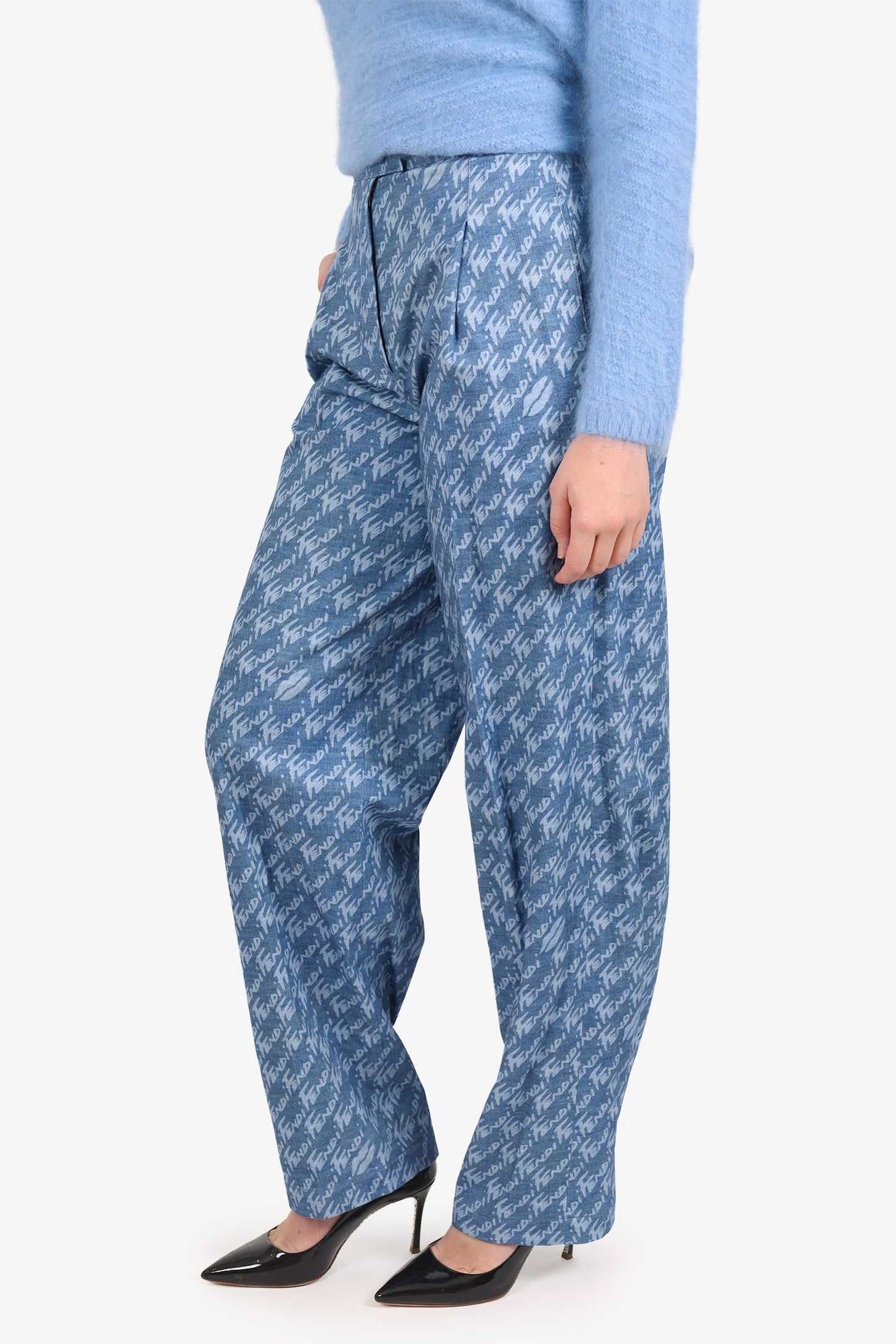 Fendi Blue Denim Logo All Over Chambray Tro rs Size 38