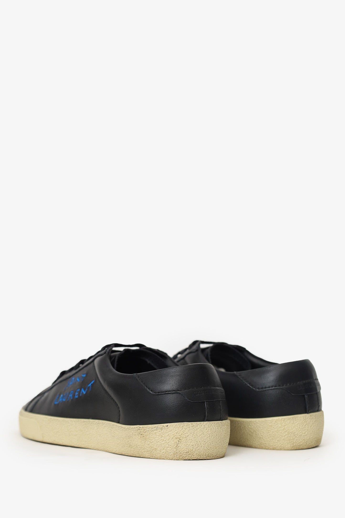 Saint Laurent Black Leather Blue Embroidered Sneakers Size 39