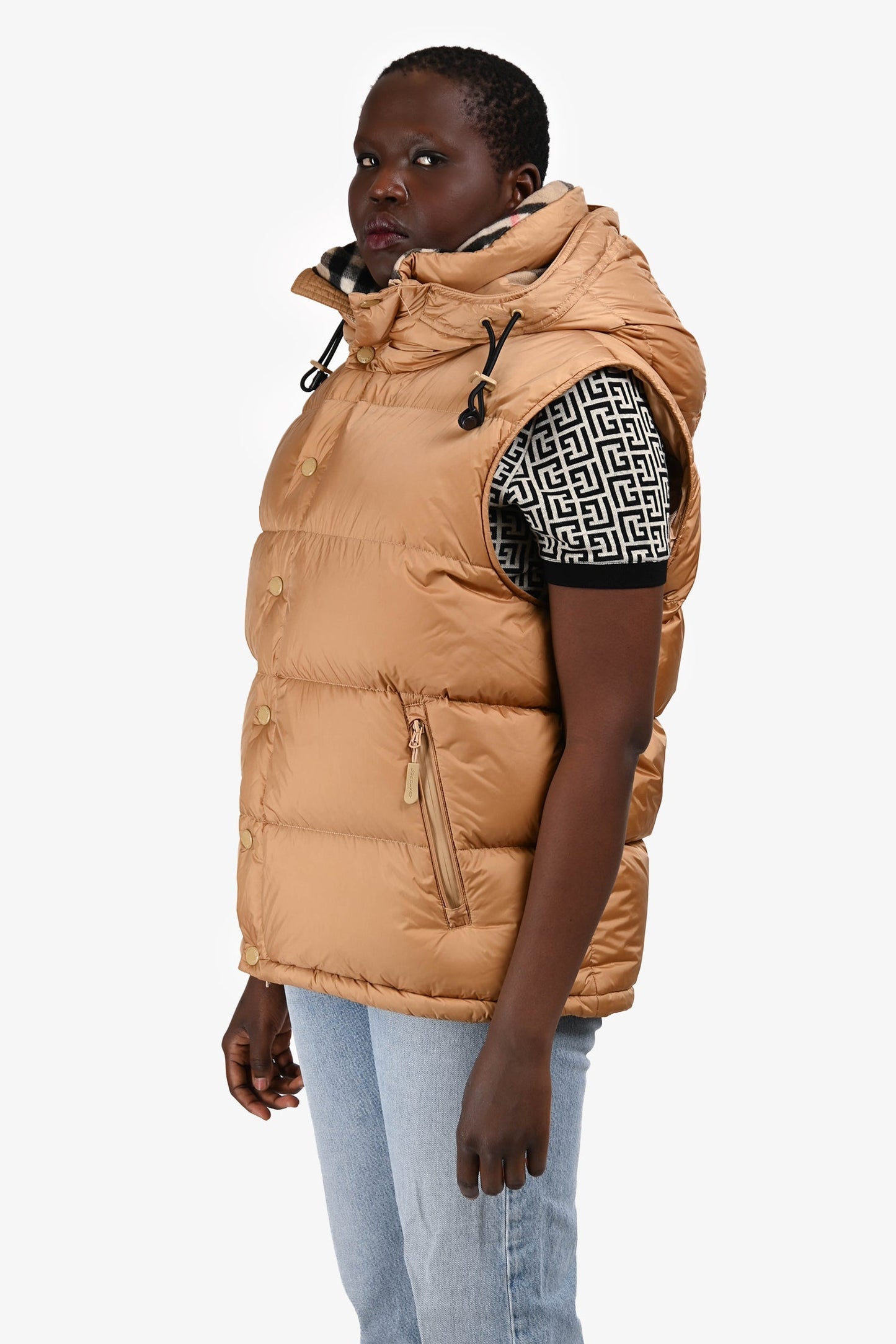 Burberry London Tan Hooded Removable Sleeve Puffer Jacket Size L Mens