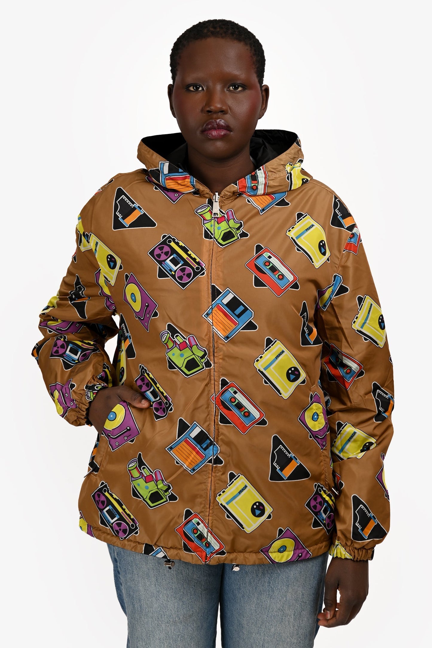 Prada 2019 Black/Brown Patterned Reversible Windbreaker Jacket Size L Mens