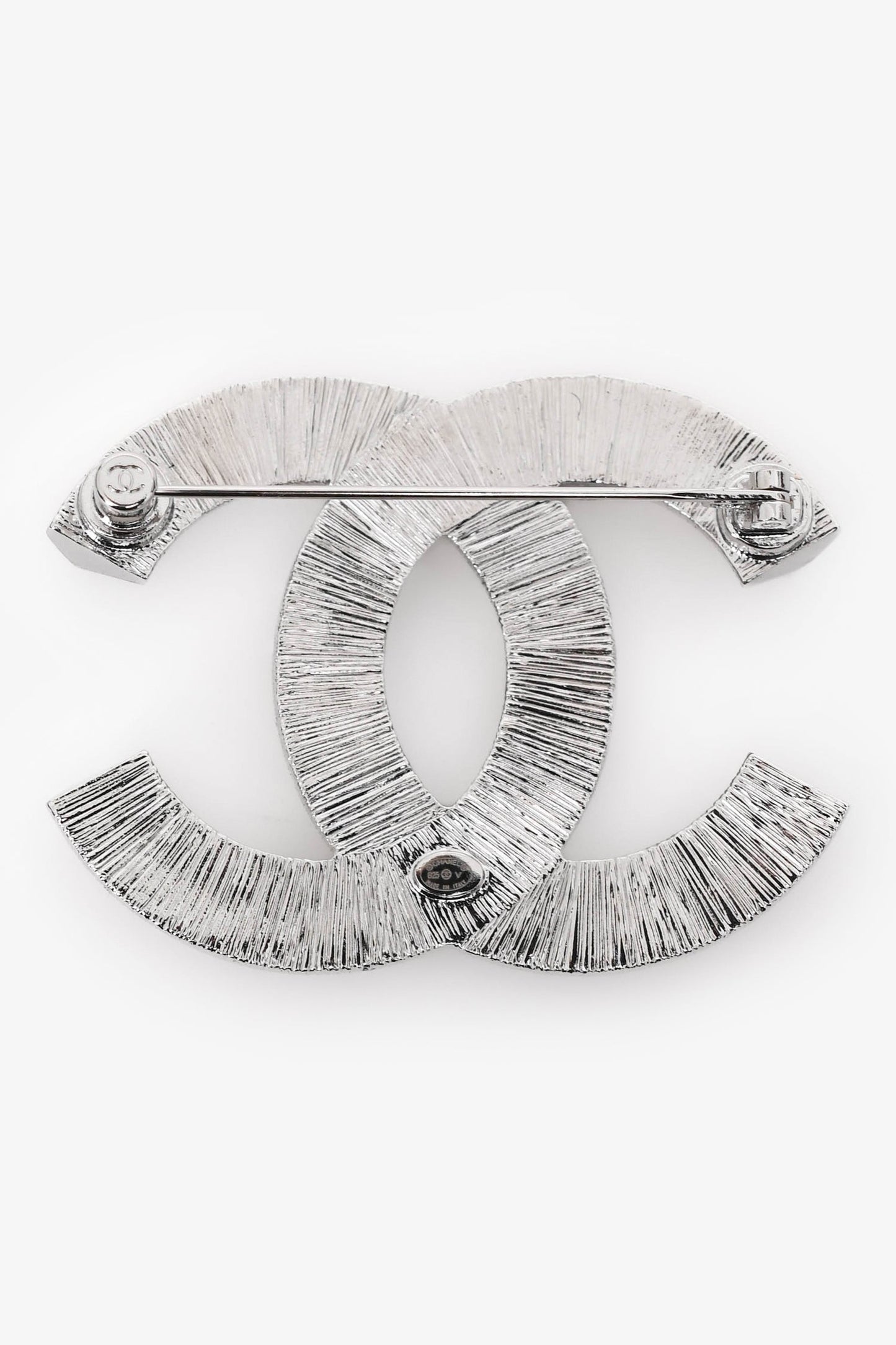 Pre-Loved Chanel™ Silver Tone Crystal Embellished CC Brooch