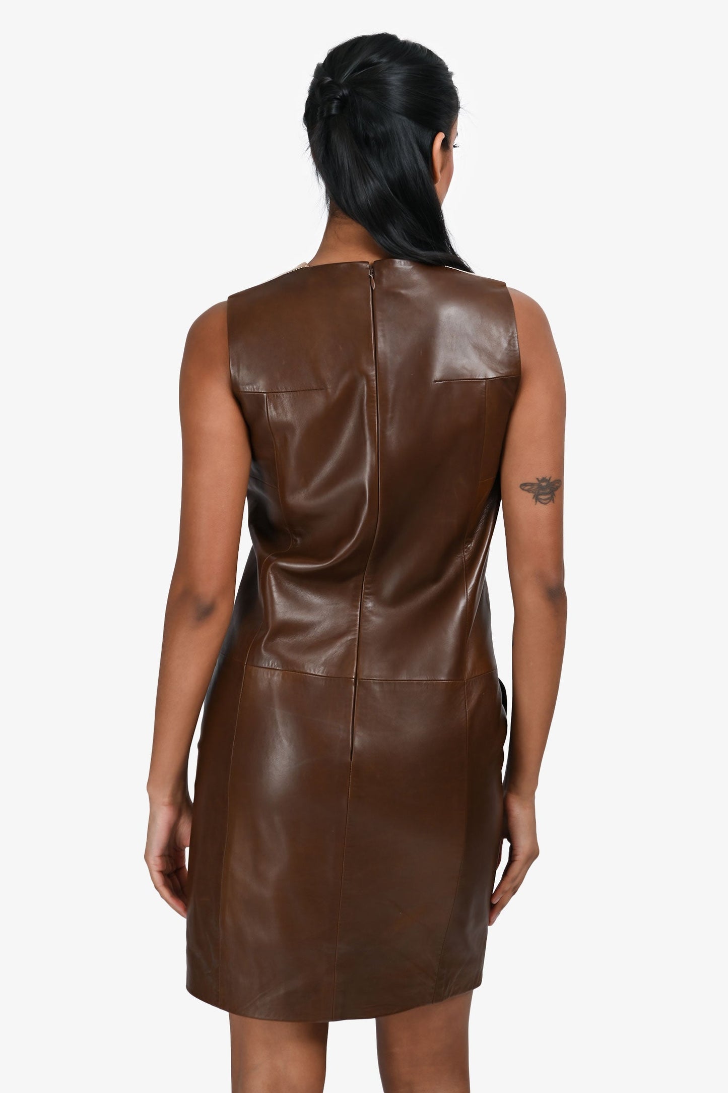 Gucci by Tom Ford Brown Leather/Fox Fur Sleeveless Shift Dress Estimated Size S