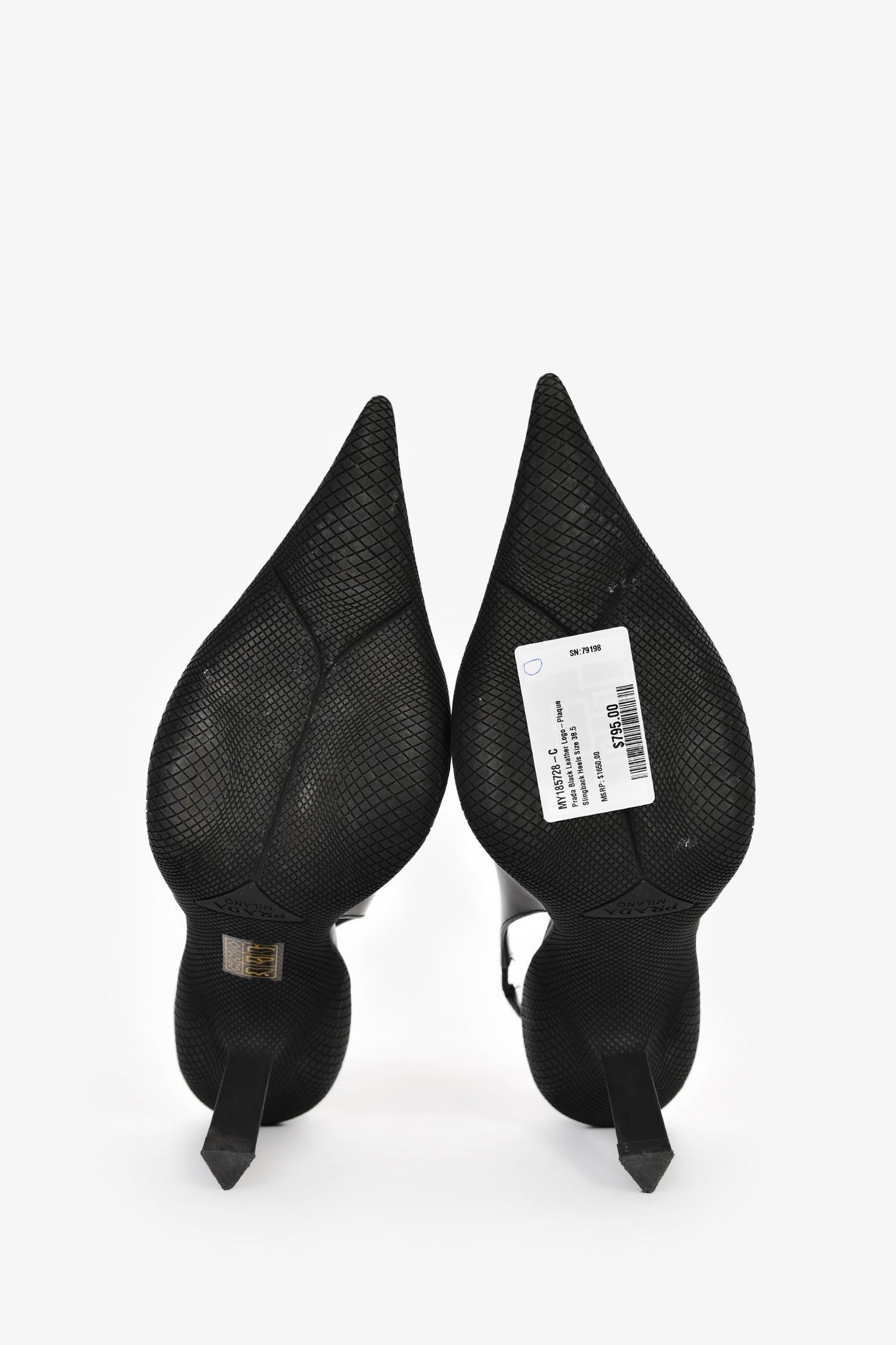 Prada Black Leather Logo-Plaque Slingback Heels Size 38.5