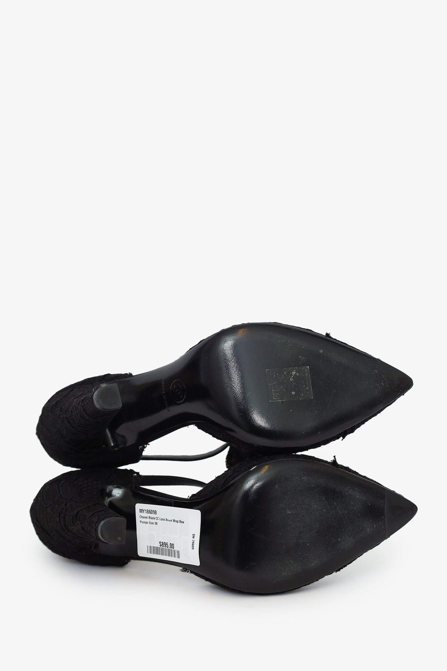 Pre-Loved Chanel™ Black CC Lace Ankle Wrap Bow Pumps Size 38