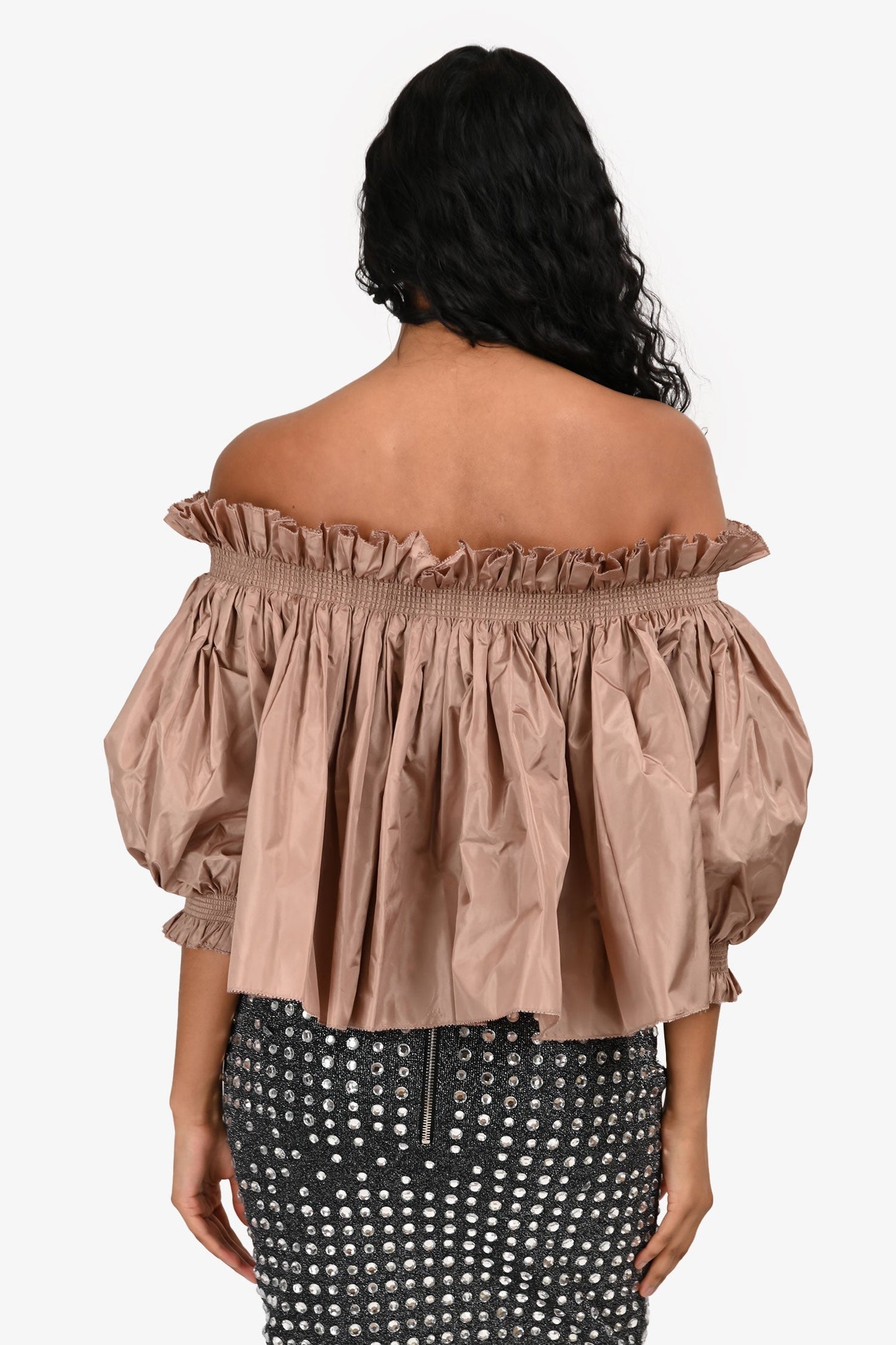 Christian Dior 2023 Cruise Brown Silk Off The Shoulder Pleated 3/4 Sleeve Top Size 2 US