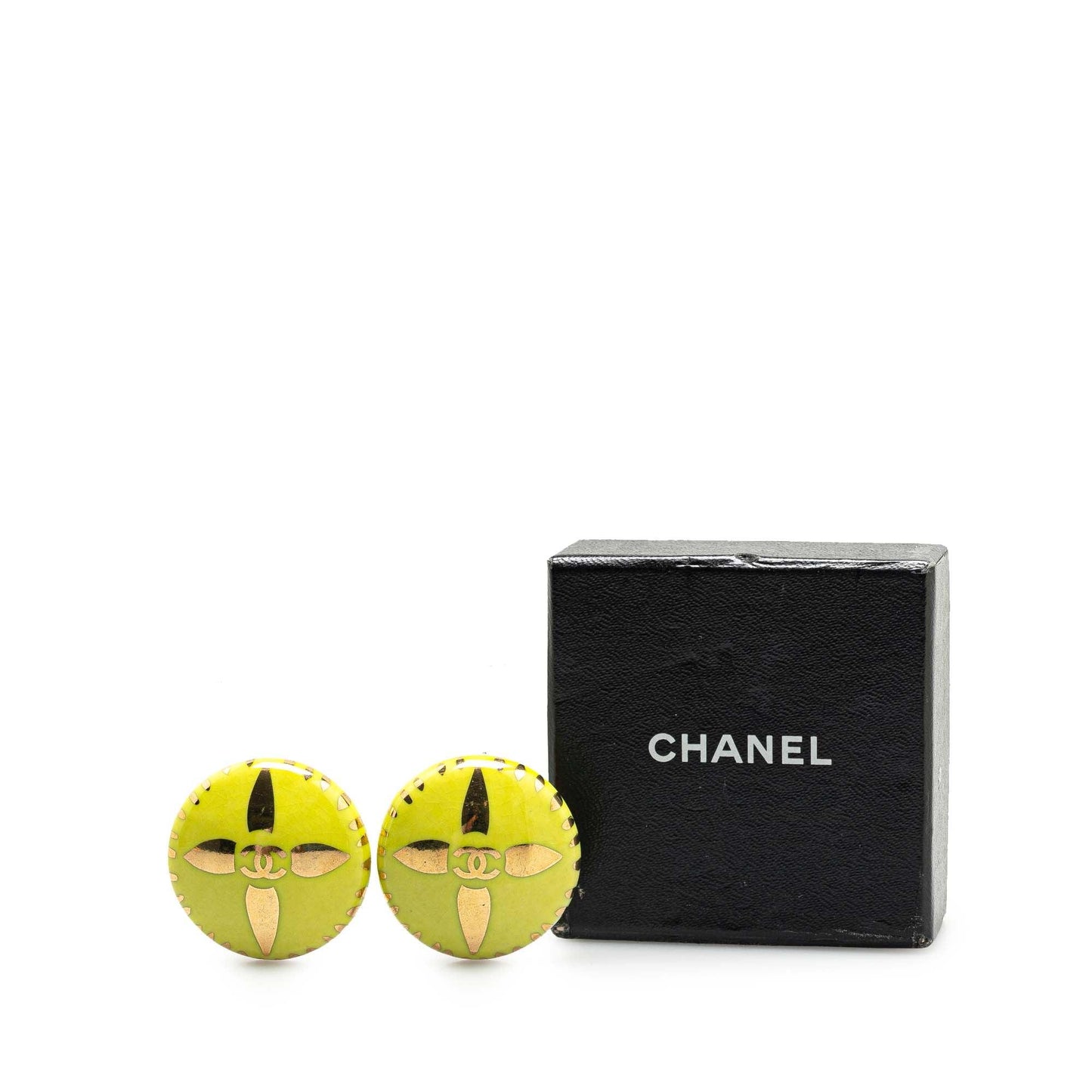 Yellow Chanel Gold Plated and Resin CC Round Clip On Earrings