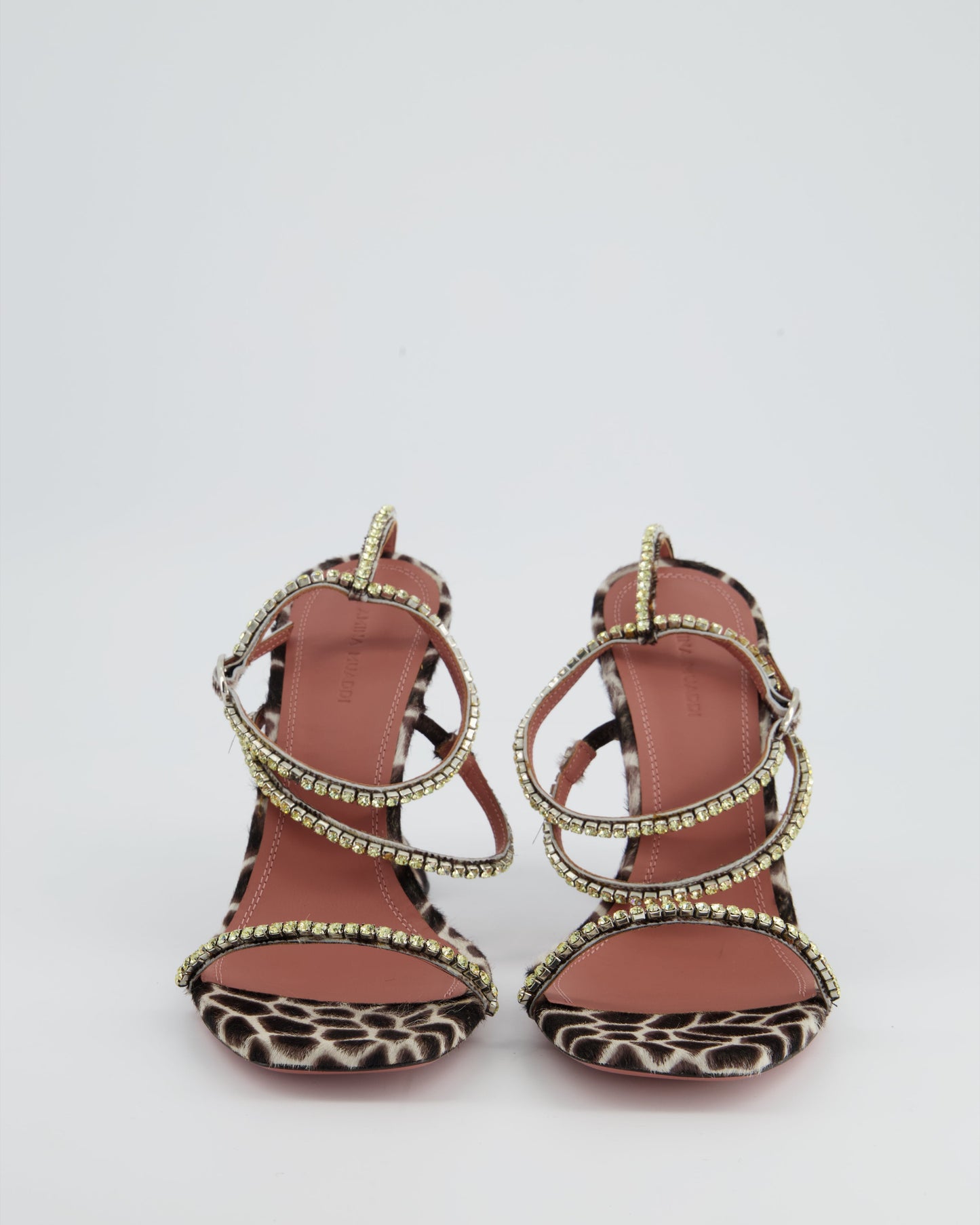 Amina Muaddi Zebra Print Pony Hair Yellow Crystal Heeled Sandal Size EU 40