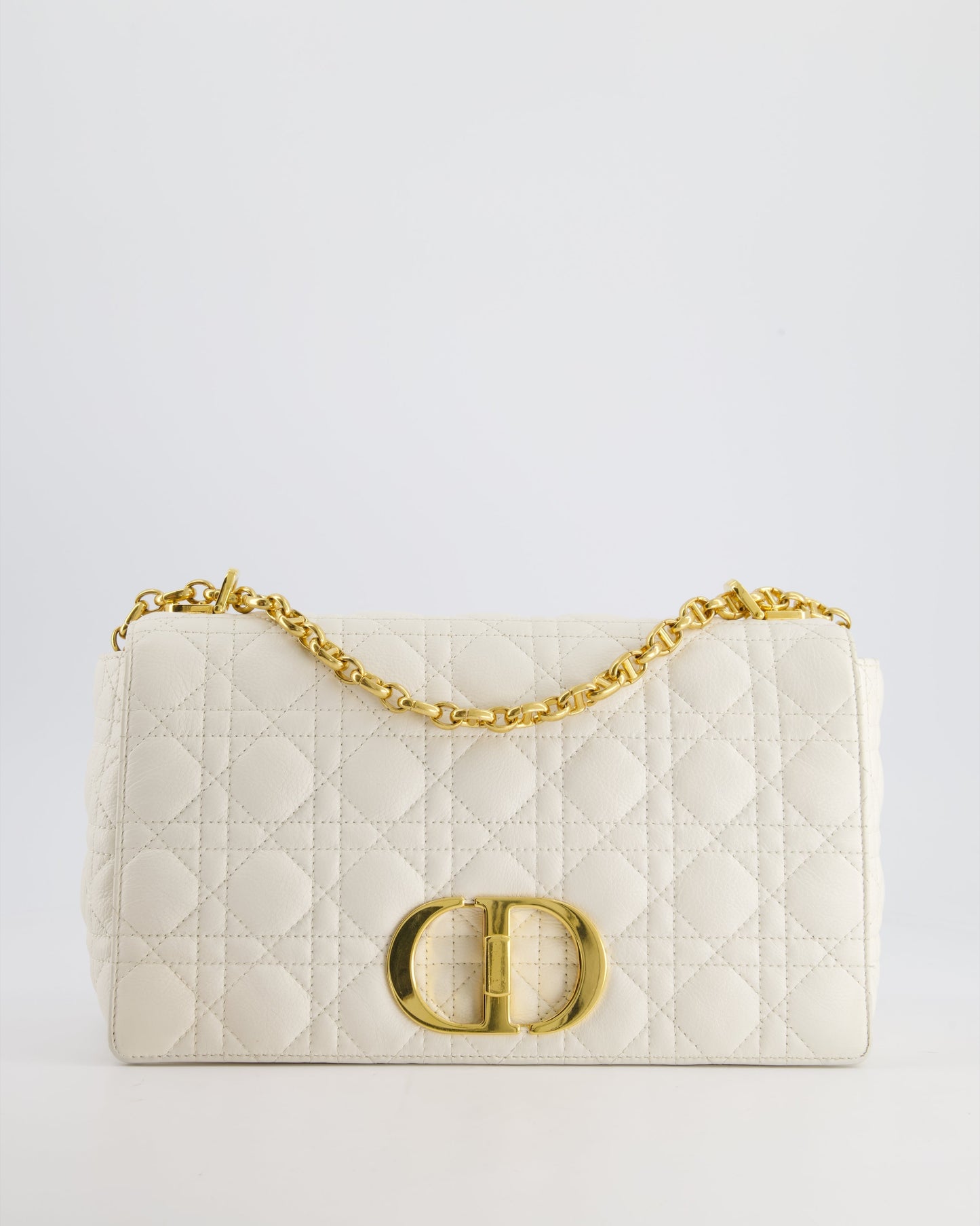 Christian Dior Ivory Large Caro Supple Cannage Calfskin Leather Flap Bag With Gold Hardware