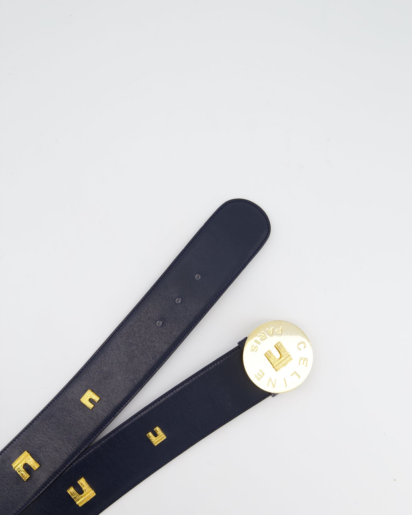 Celine 70cm Navy Blue Belt with Gold Arc de Triomphe Detailing