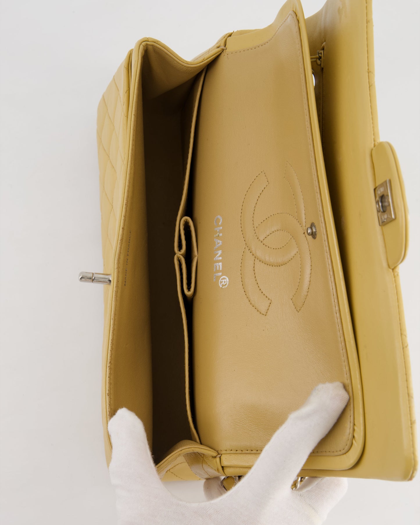 Chanel Beige Classic Medium Double Flap Bag in Lambskin Leather with Silver Hardware