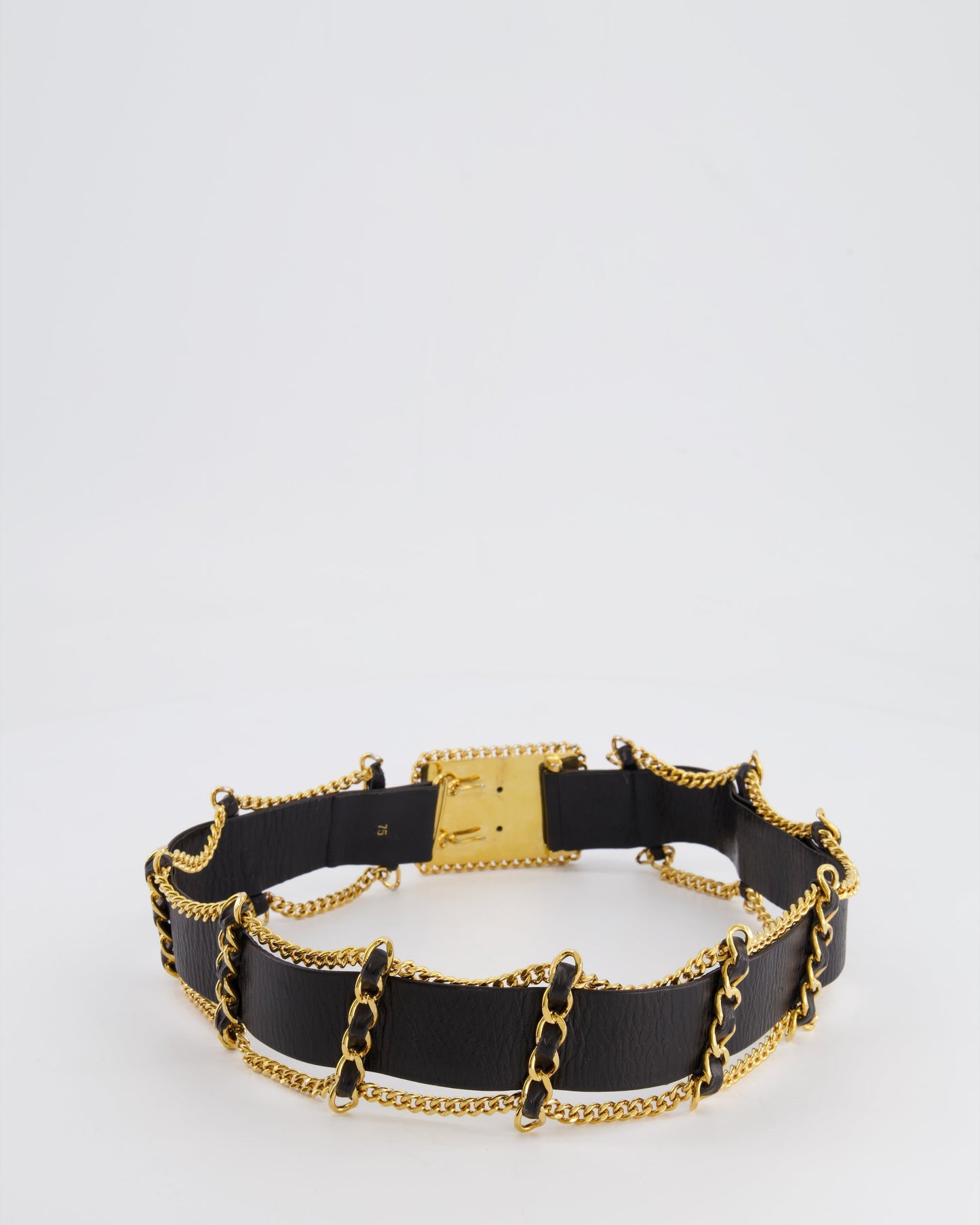 *HOT* Chanel Black Leather Belt with Gold Chain and CC Logo Size 75