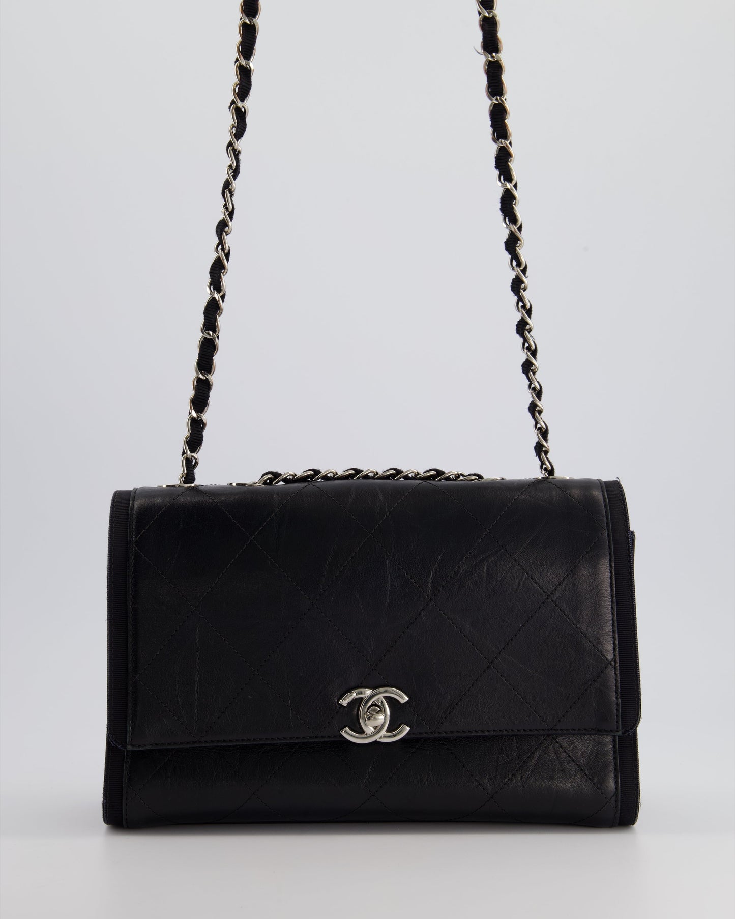 Chanel Black Matelasse Crumpled Calfskin Leather Flap Bag With Silver Hardware and Grosgrain Fabric Detailing
