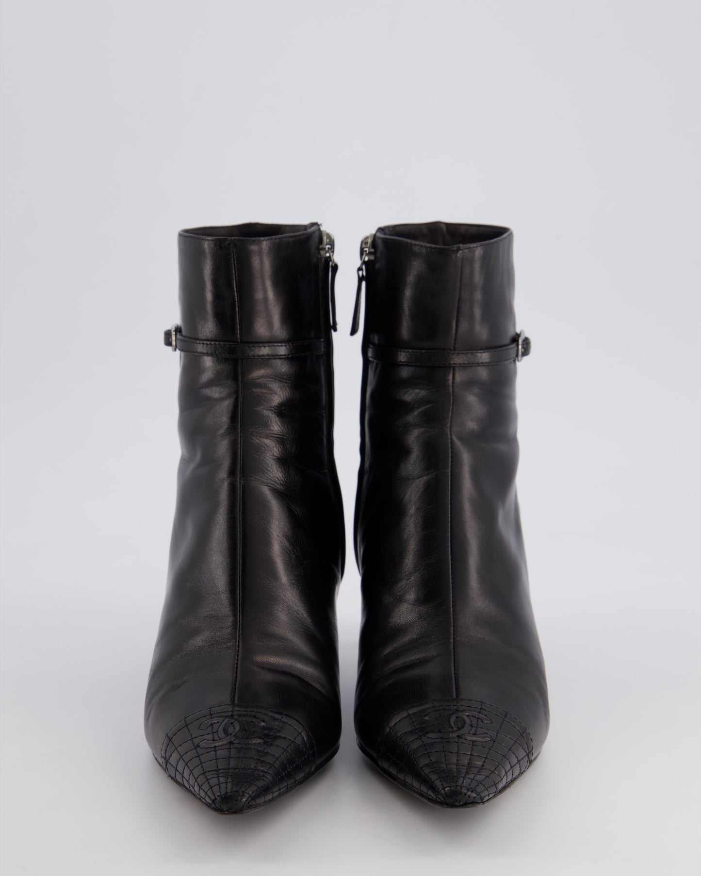 Chanel 05A Black Leather Pointed Toe Ankle Boots Size EU 36