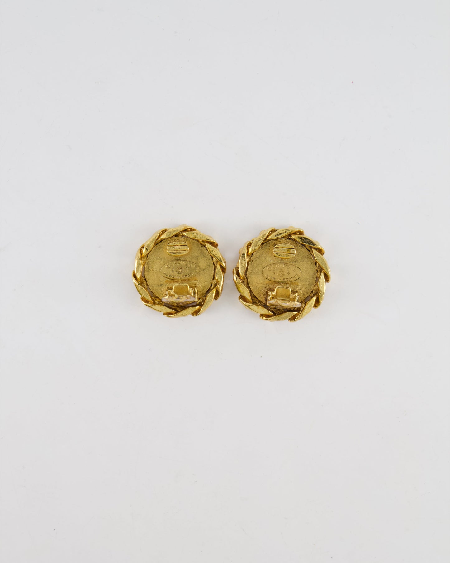 Chanel Gold Round Chain Link Clip On Earrings with Crystal Embellished CC Logo