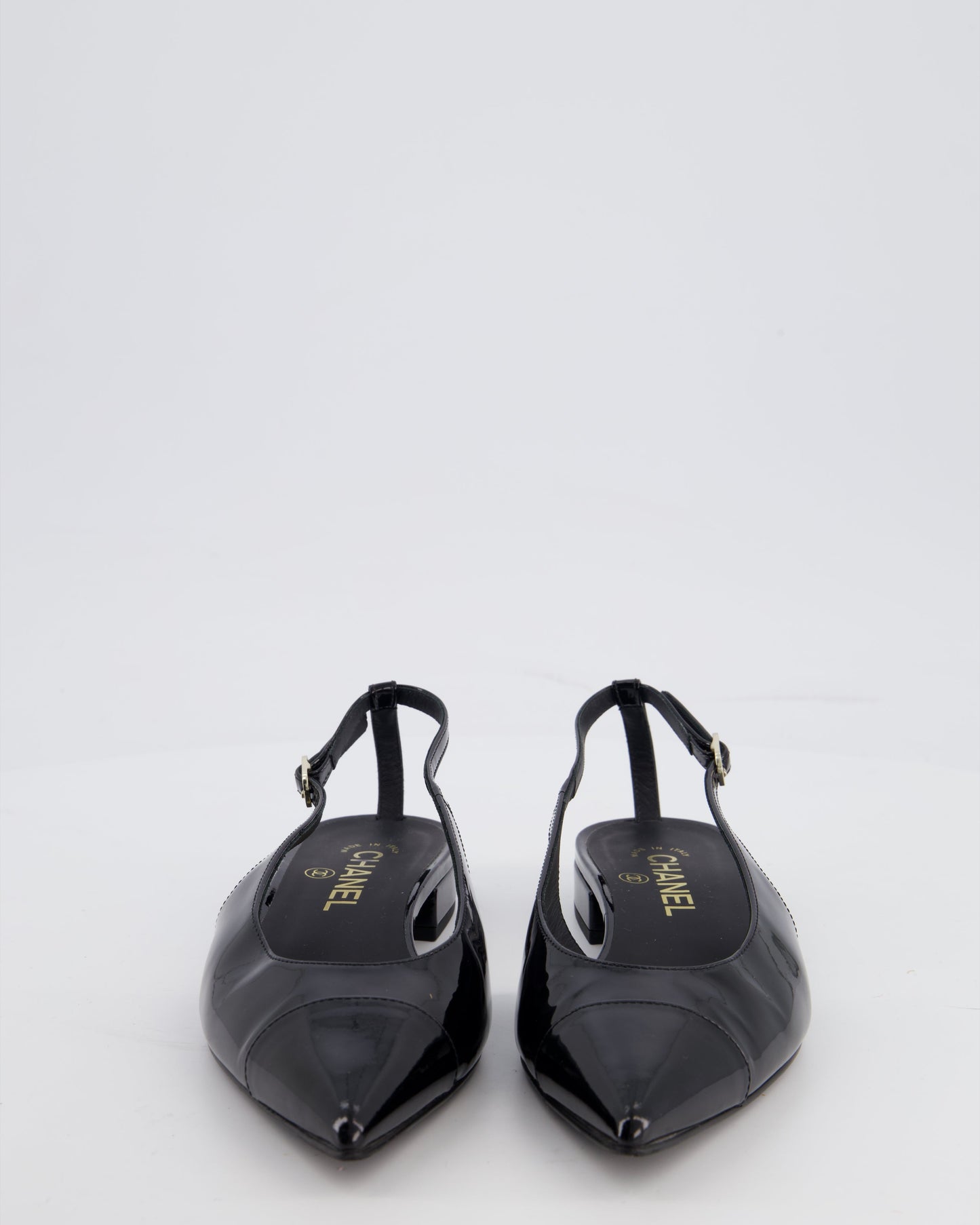 Chanel Black Patent Leather Flat Slingback with Silver CC Logo Detail Size EU 37